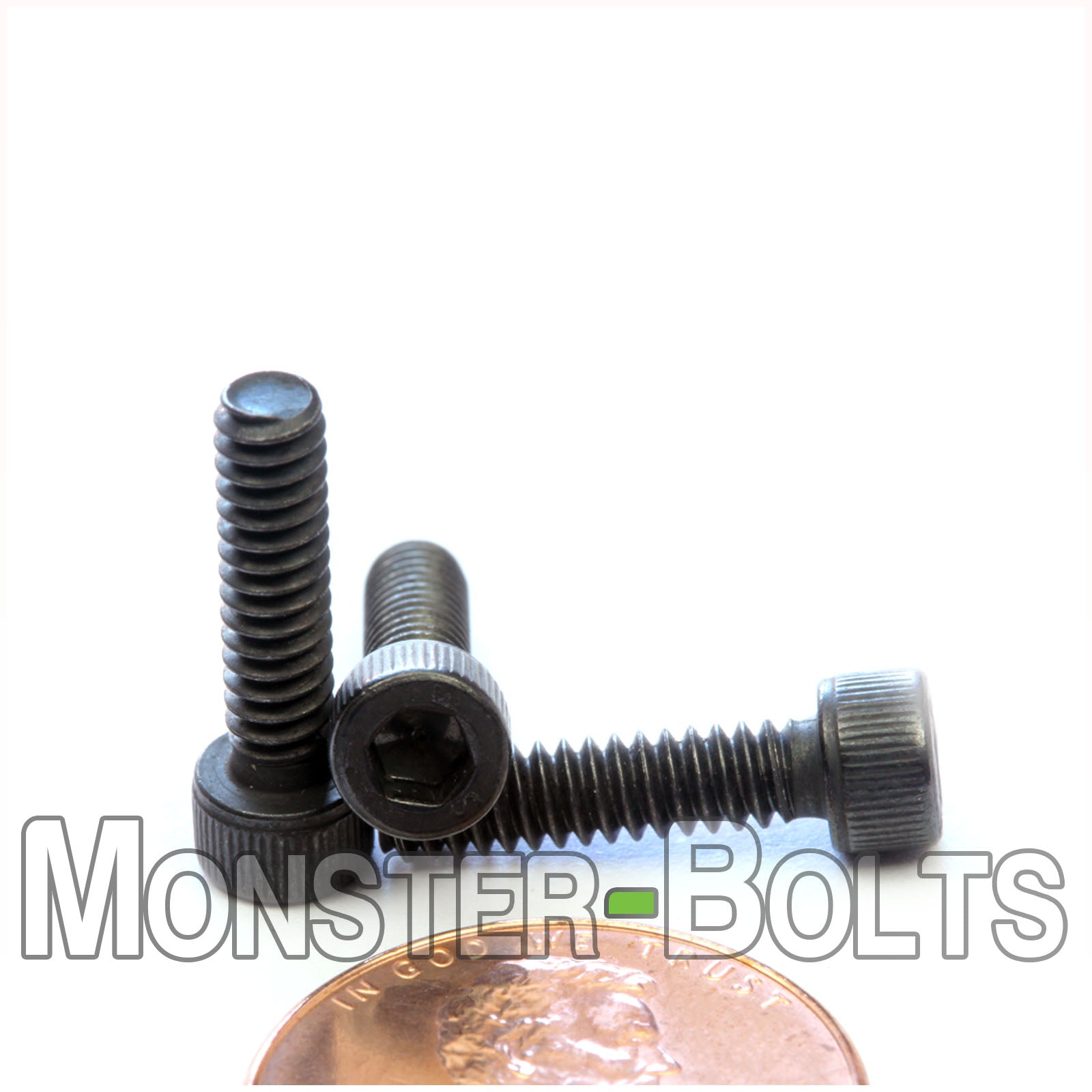 #6-32 x 9/16" Socket Cap screw, alloy steel with black oxide finish. Shown with US penny for scale.