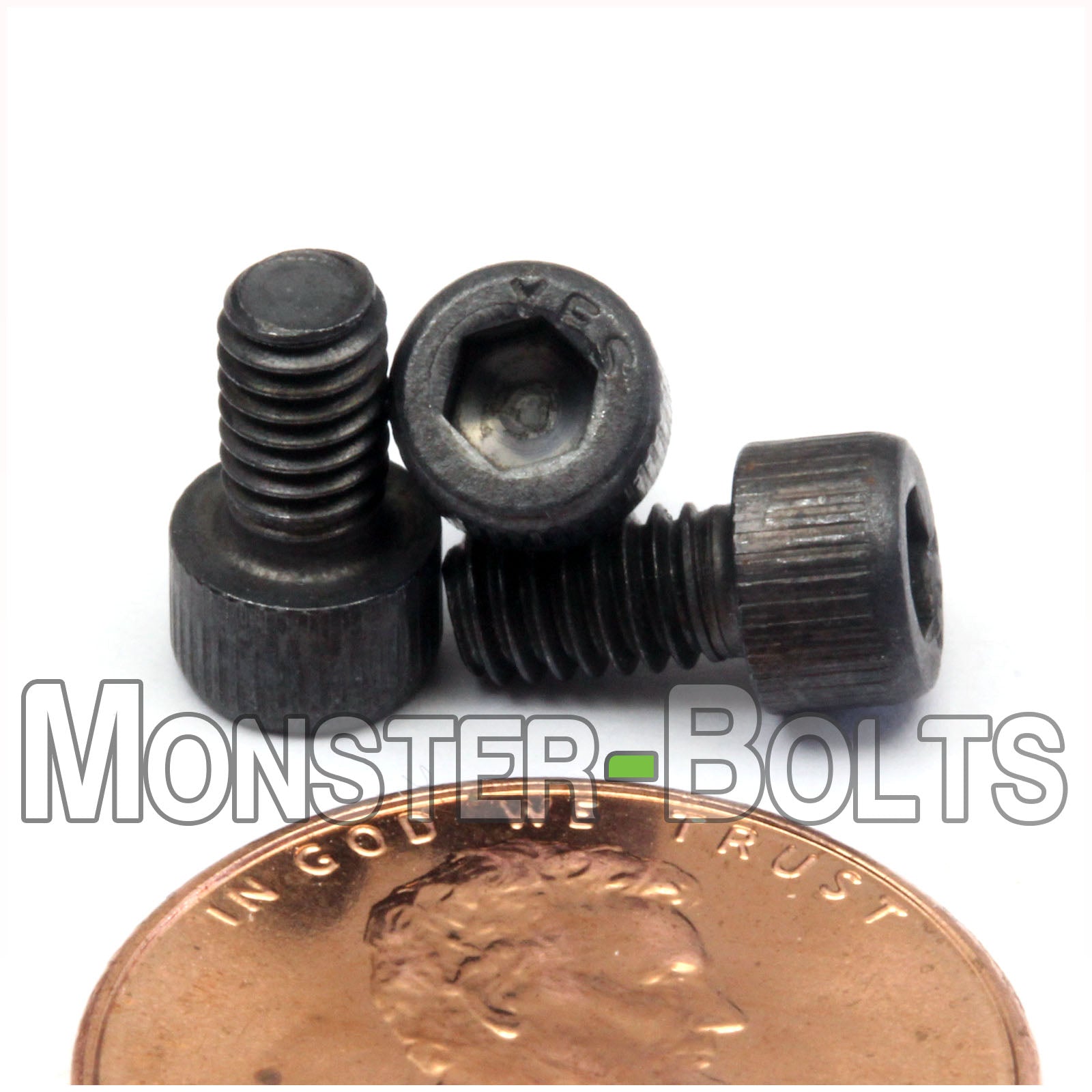 #6-40 x 1/4" Socket Head Cap screw, alloy steel with black oxide finish. Shown with US penny for screw size.