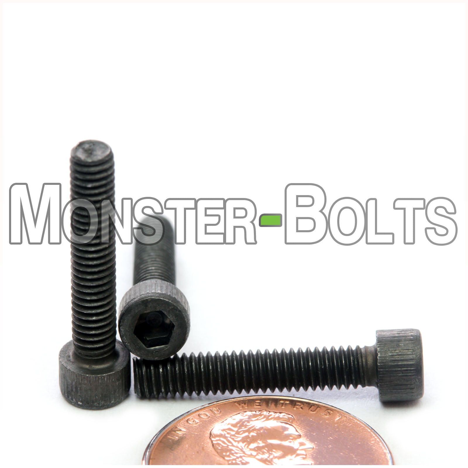 #6-40 x 3/4" Socket Head Cap screw, alloy steel with black oxide finish. Shown with US penny for screw size.