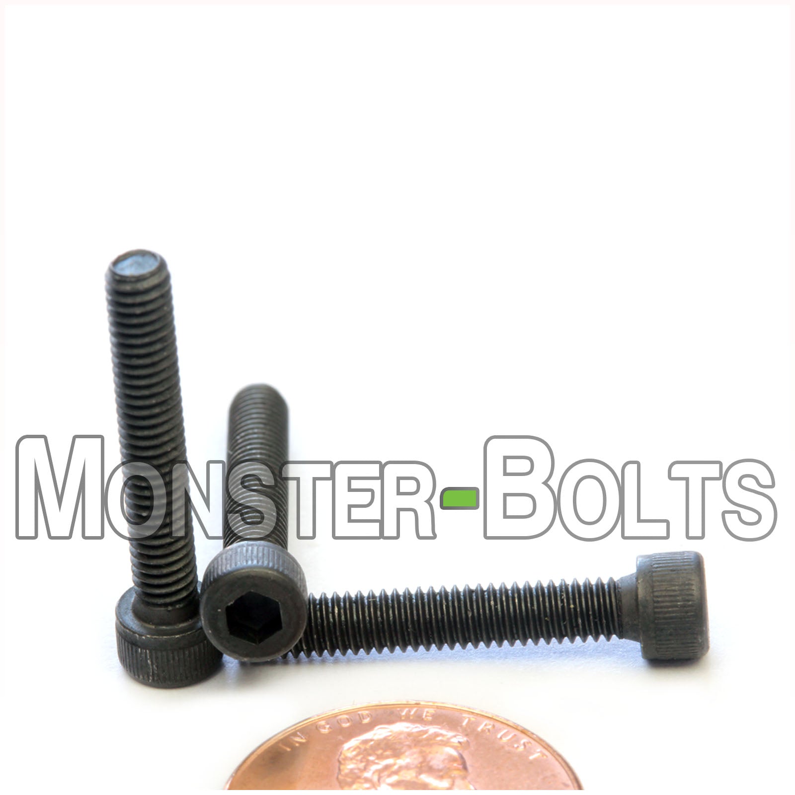 #6-40 x 7/8" Socket Cap screw, alloy steel with black oxide finish. Shown with US penny for screw size.