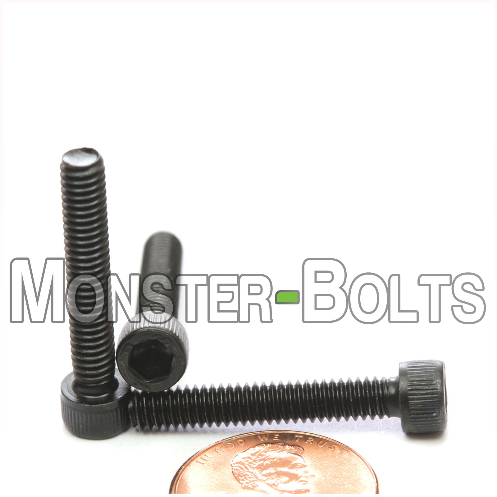 #8-32 x 1" Socket Head Cap screw, alloy steel with black oxide finish. Shown with US penny for screw size.