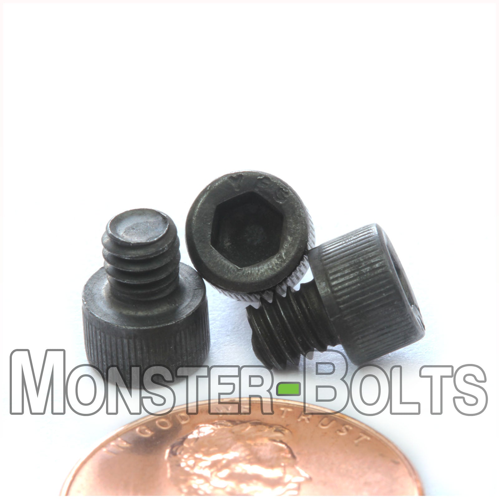 #8-32 x 3/16" Socket Head Cap screw, alloy steel with black oxide finish. Shown with US penny for screw size.