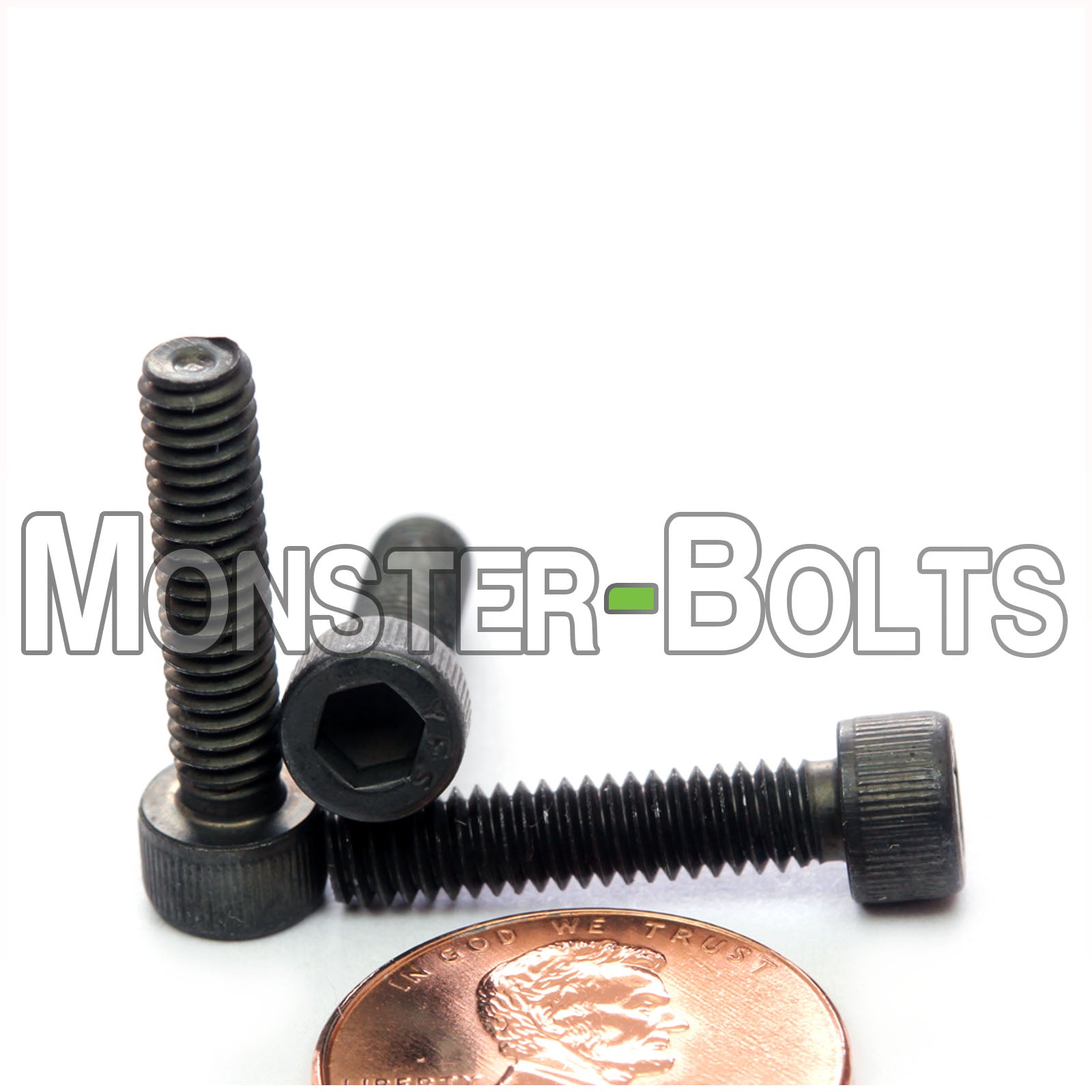 #8-32 x 3/4" Socket Head Cap screw, alloy steel with black oxide finish. Shown with US penny for screw size.