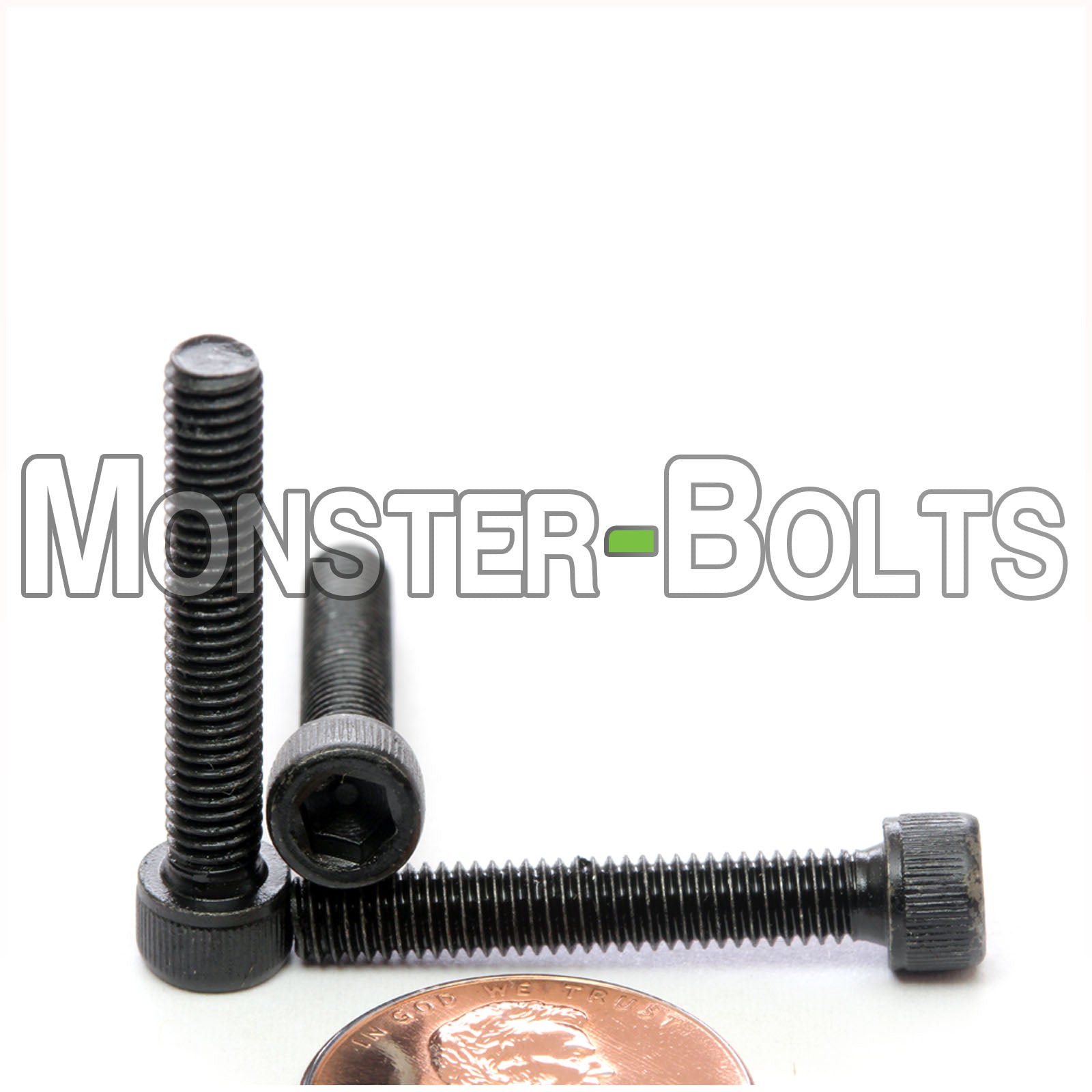 #8-36 x 1" Socket Head Cap screw, alloy steel with black oxide finish. Shown with US penny for screw size.