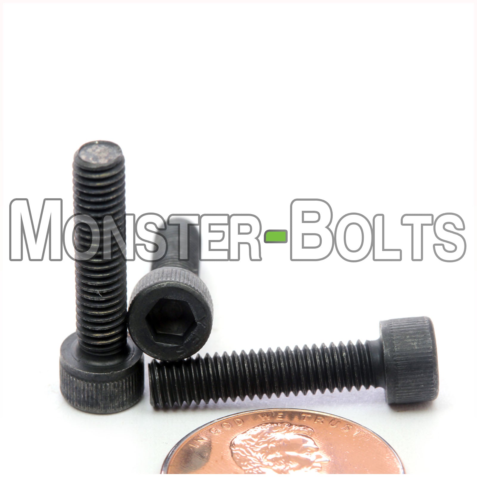 #8-36 x 3/4" Socket Head screw, alloy steel with black oxide finish. Shown with US penny for screw size.