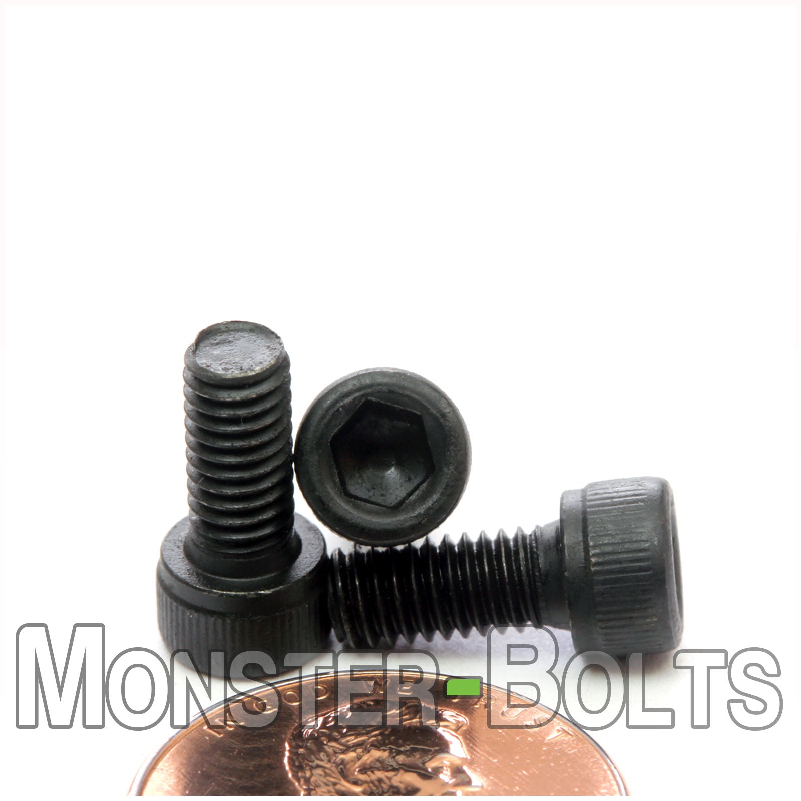 #8-36 x 3/8" Socket Head Cap screw, alloy steel with black oxide finish. Shown with US penny for scale.