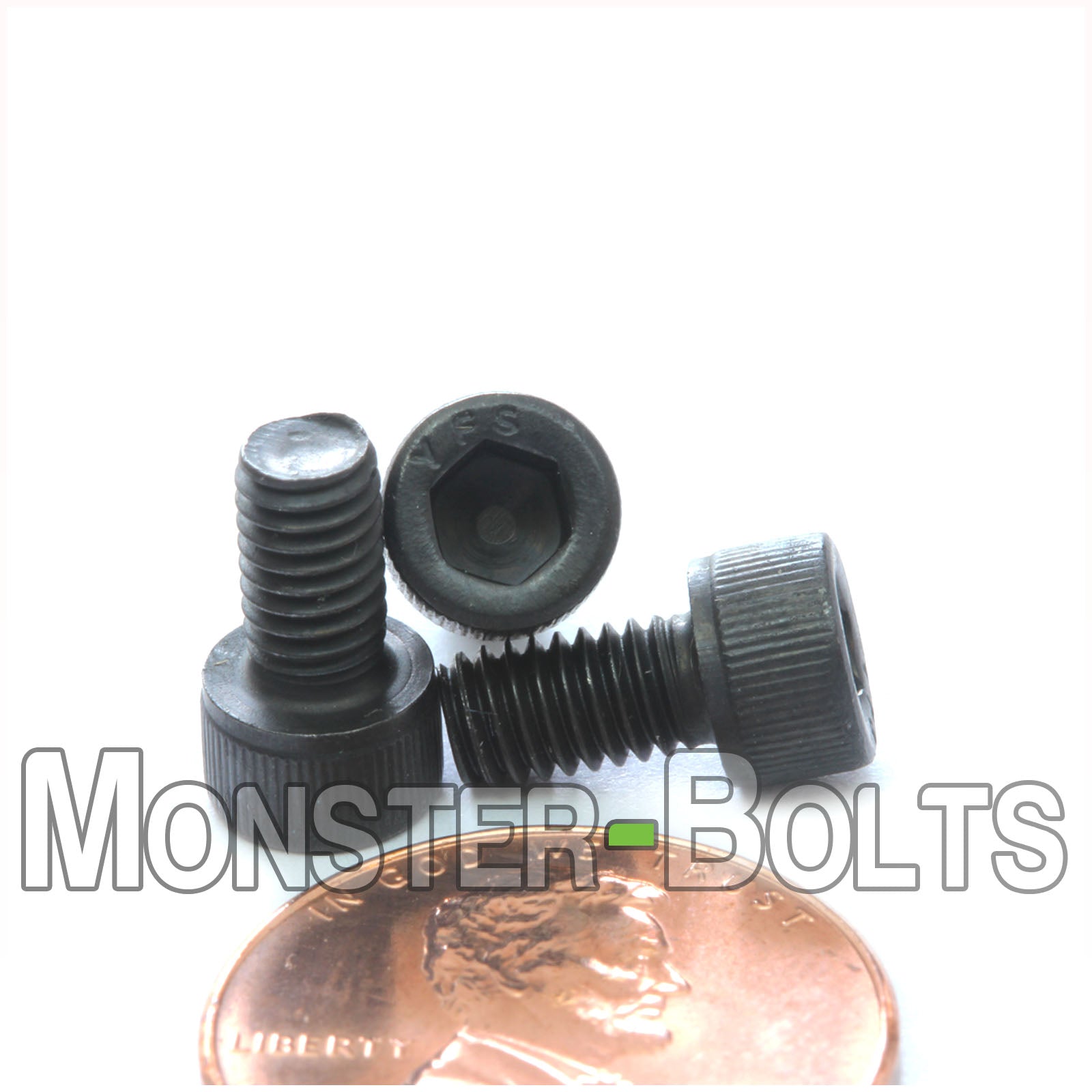 #8-36 x 5/16" Socket Cap screw, alloy steel with black oxide finish. Shown with US penny for screw size.