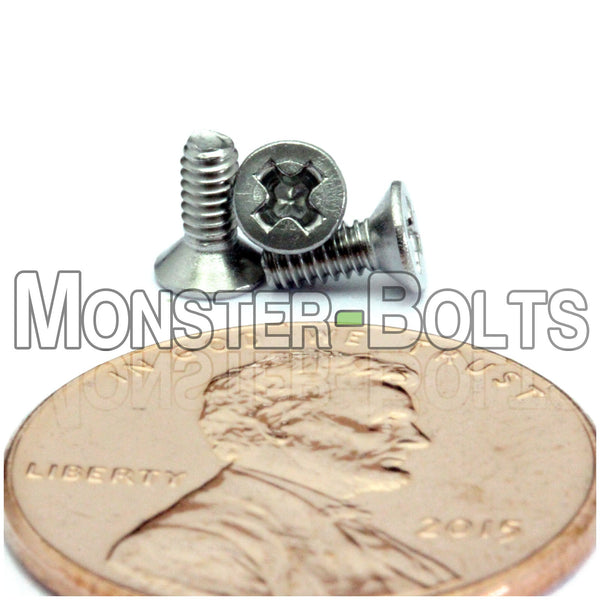 Stainless Steel M2-0.40 x 5mm Phillips Flat Head machine screws with white background