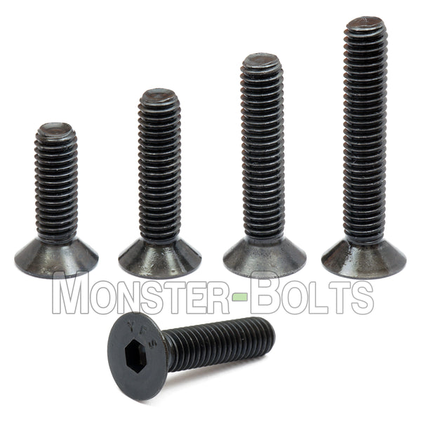 Black #10-24 Socket Flat Head screws, group of 4 in increasing lengths on white background.
