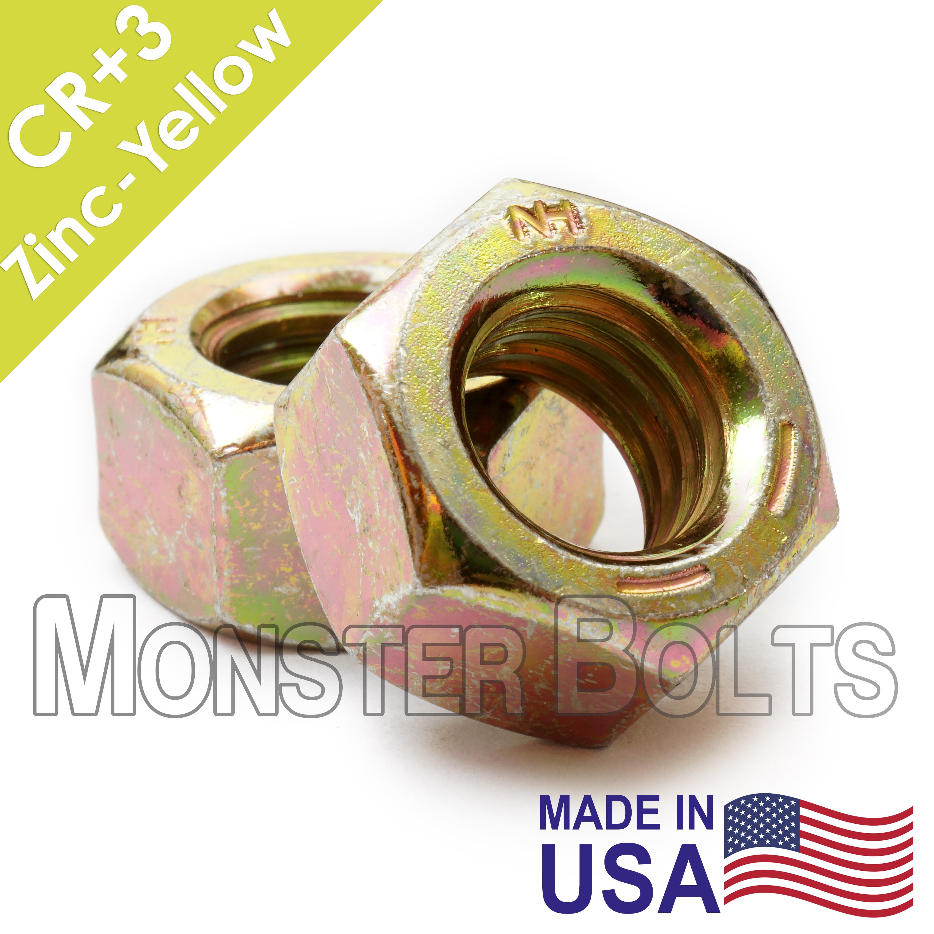 Bulk Finished Hex Nuts, Grade 8, Zinc Yellow CR+3, Made in USA (US Sizes)