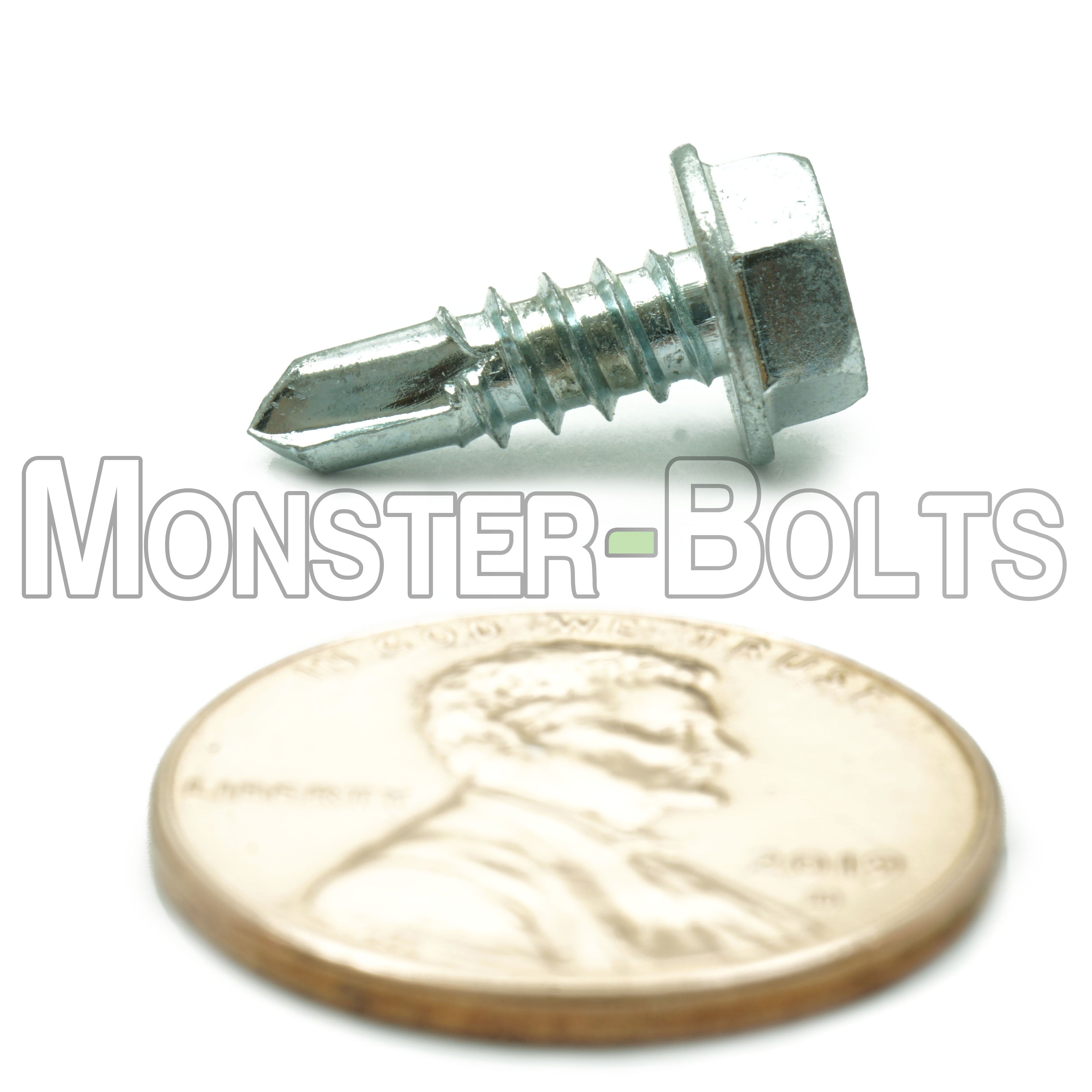 #8 Indent Hex Washer Head (HWH) Unslotted Self-Drilling Screws, #2 Point, Proferred, Zinc Cr+3 (Bulk)