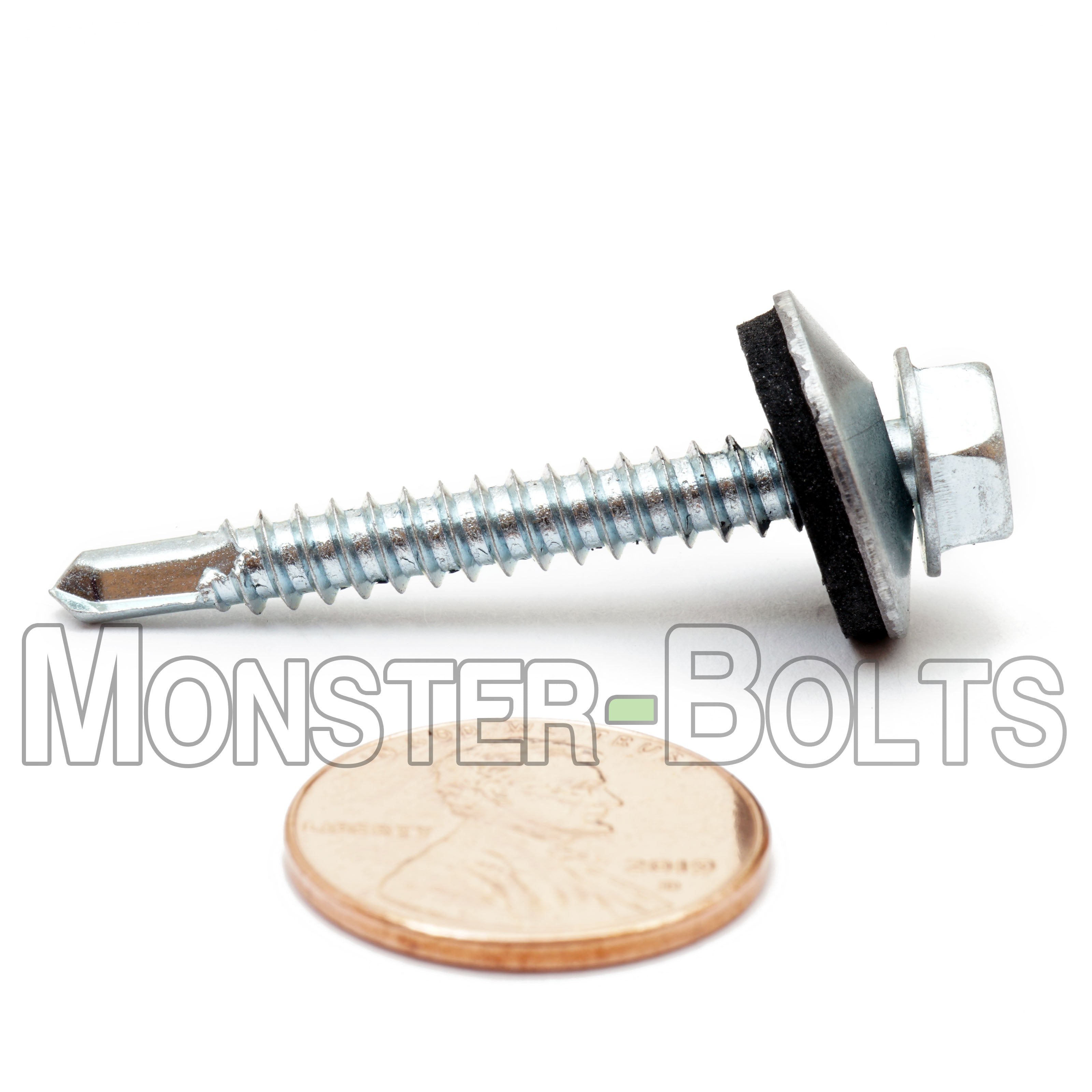#10 Indent Hex Washer Head Self-Drilling Screws (#3 Point) w/ Bonded EPDM Washer, Proferred, Zinc Cr+3 (Bulk)