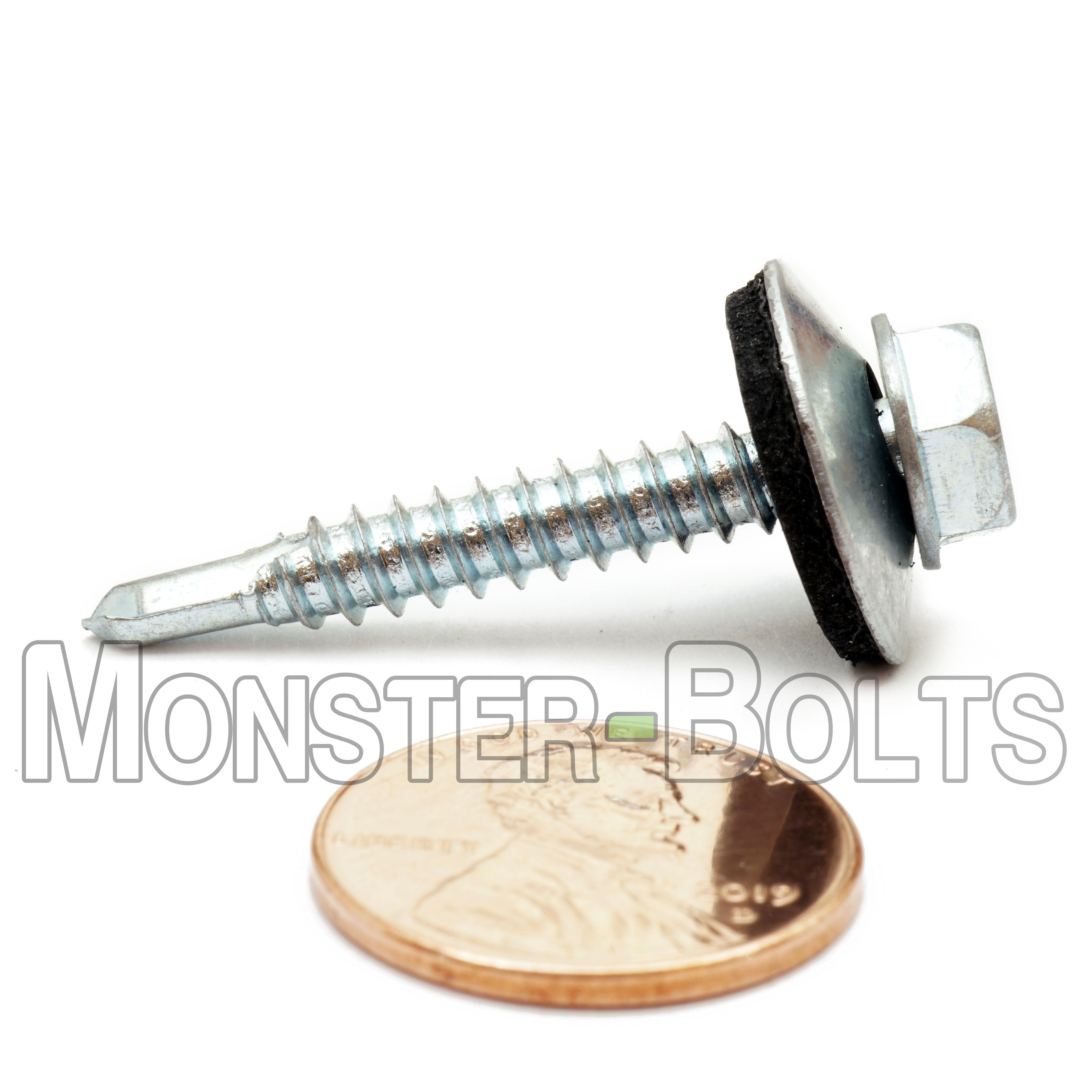 #10 Indent Hex Washer Head Self-Drilling Screws (#3 Point) w/ Bonded EPDM Washer, Proferred, Zinc Cr+3 (Bulk)