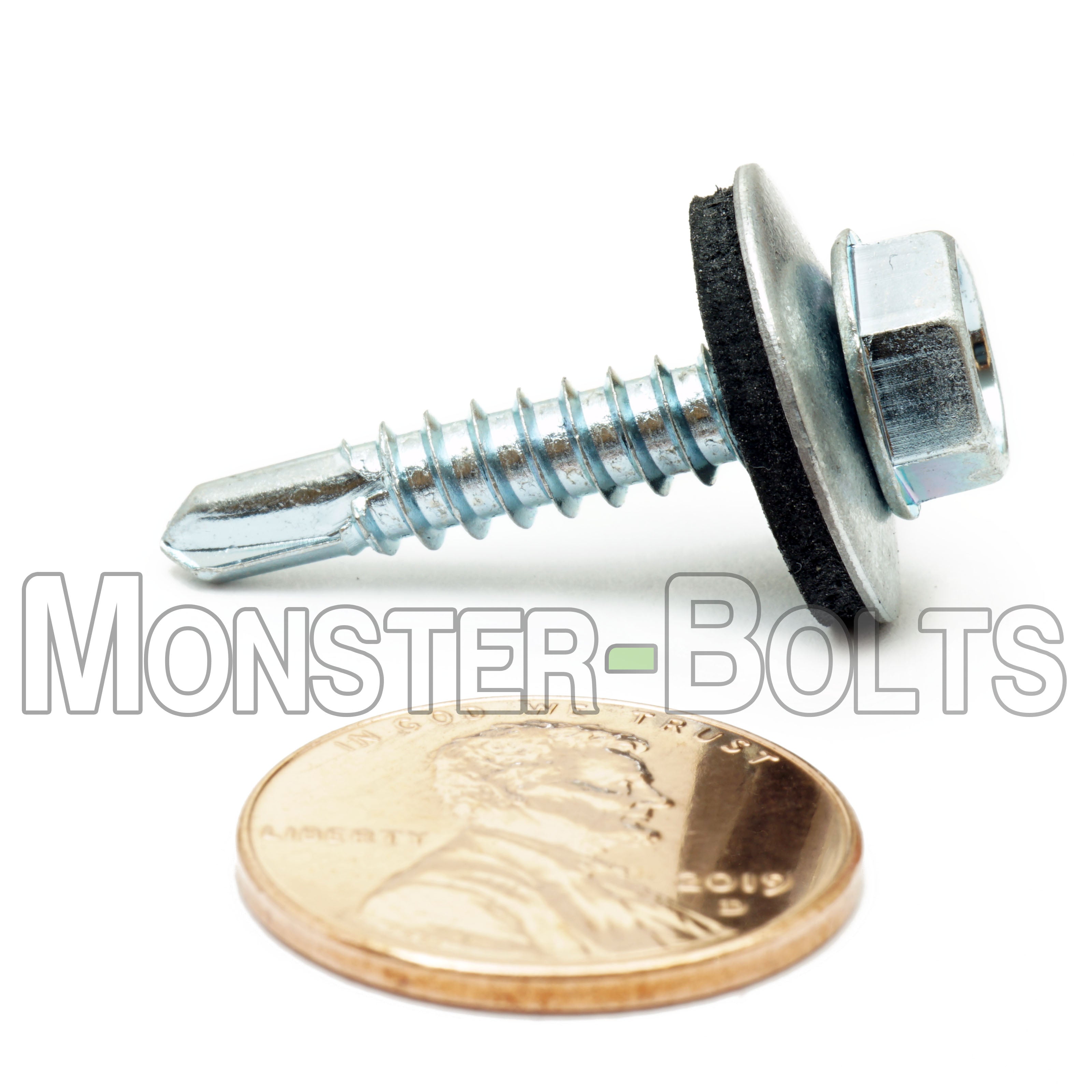 #10 Indent Hex Washer Head Self-Drilling Screws (#3 Point) w/ Bonded EPDM Washer, Proferred, Zinc Cr+3 (Bulk)