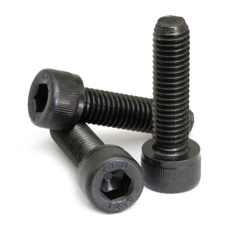 Black SAE 7/16"-14 Socket Head cap screws stacked to show different angles on white.