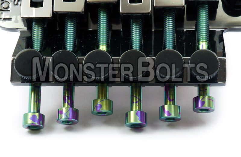 Custom anodized titanium guitar screws