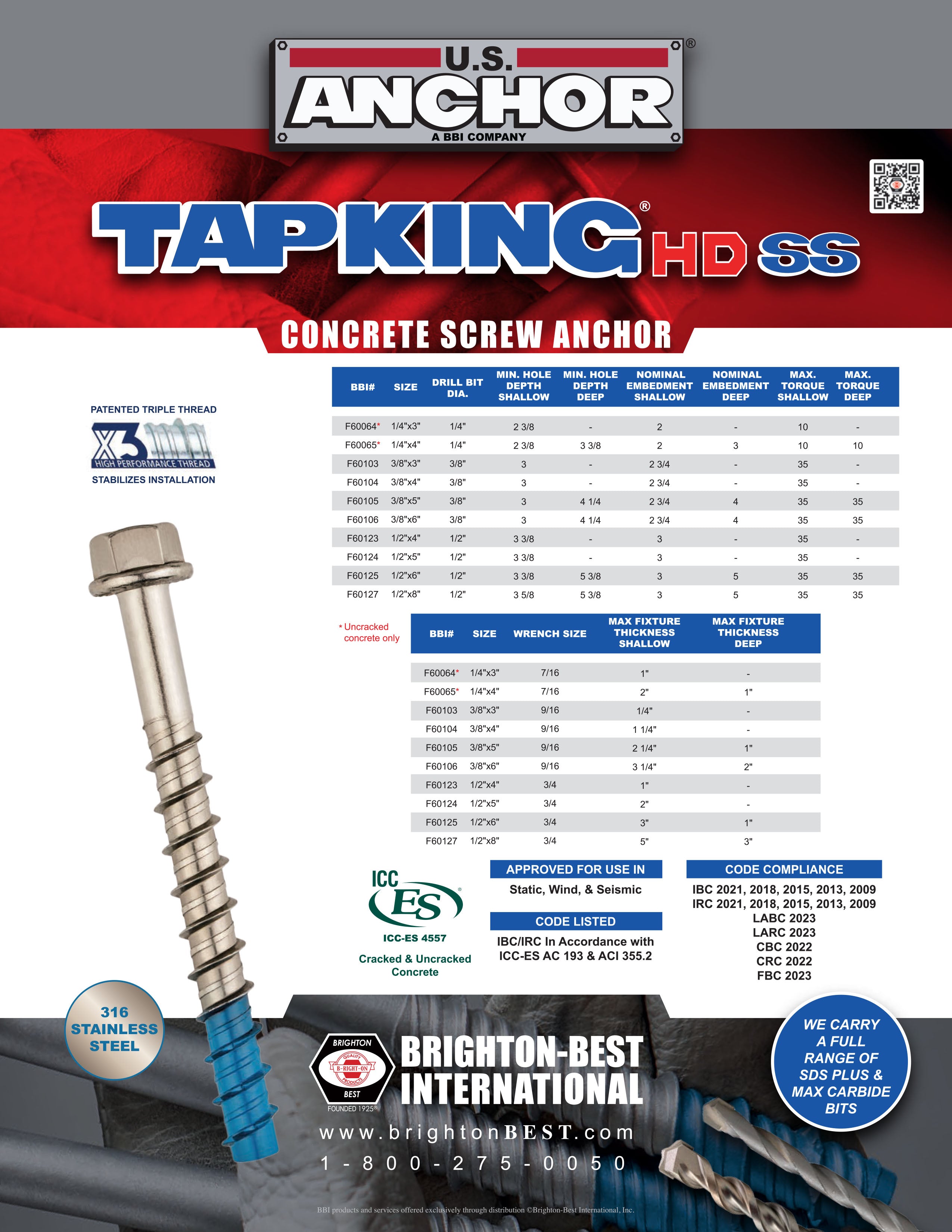 Bulk 1/4" Stainless 316 Tapking HD SS Concrete Screw Anchors – 3" & 4" Lengths – Monster Bolts