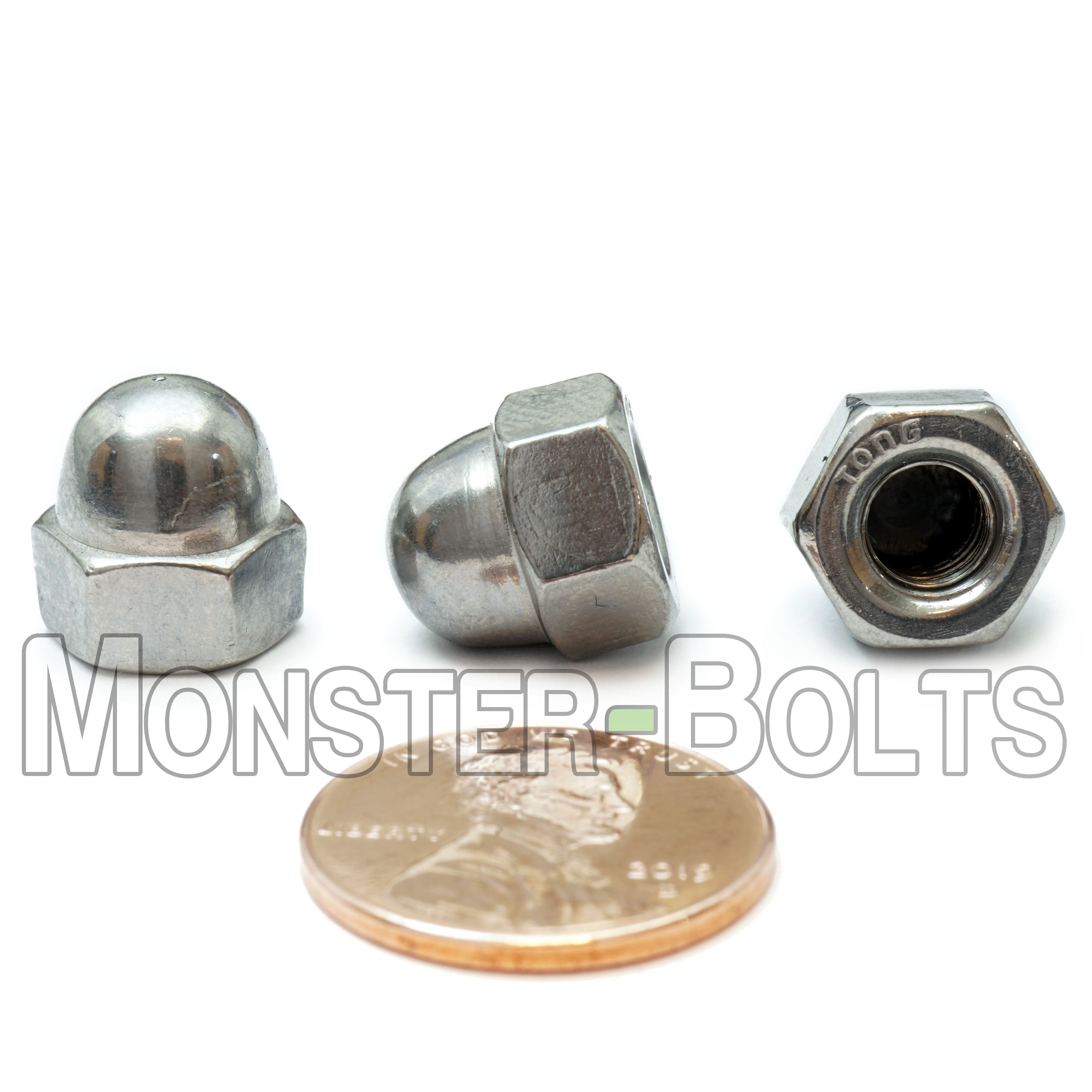 1/4"-20 Stainless steel acorn nut shown with US penny.
