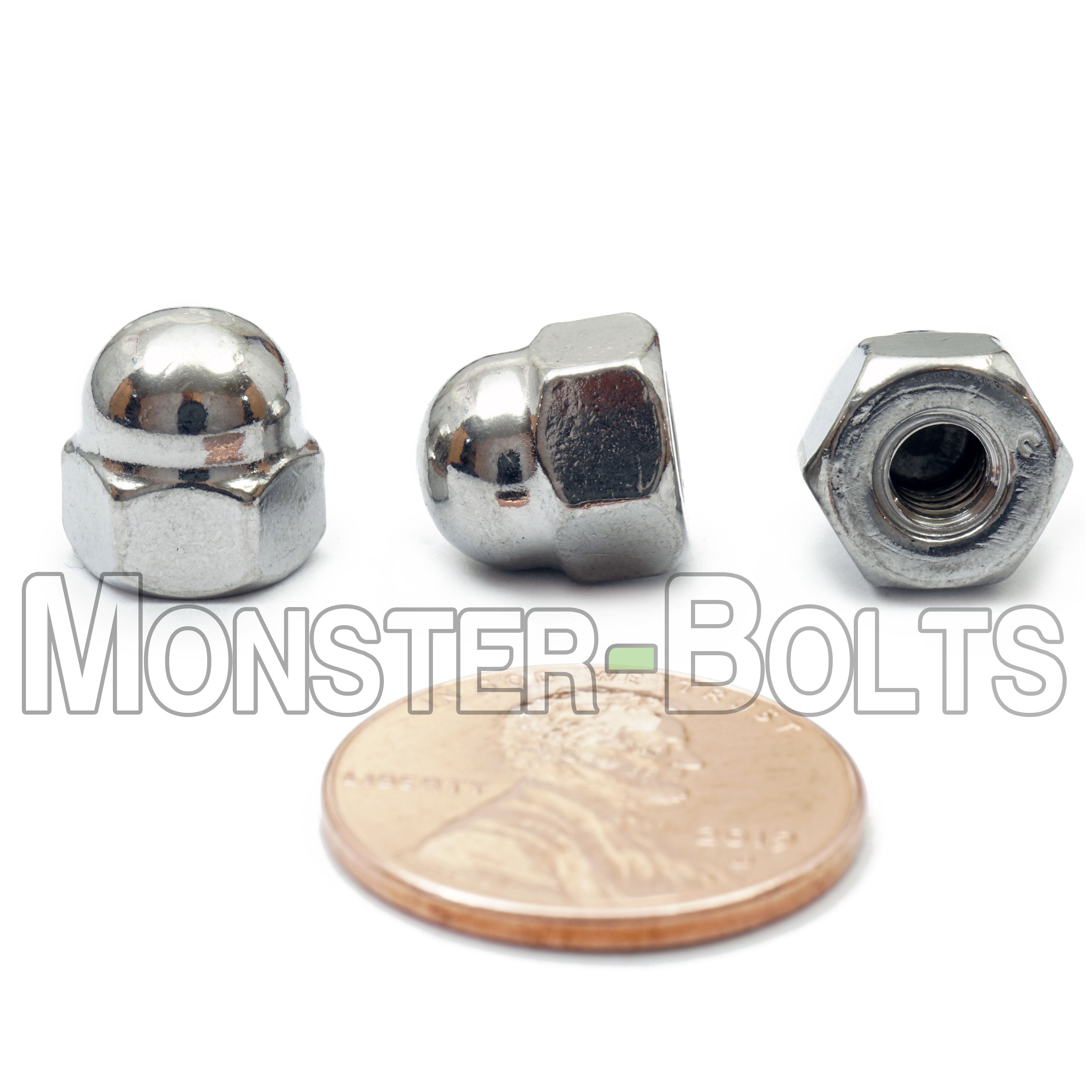 #10-32 Stainless steel acorn nut shown with US penny.