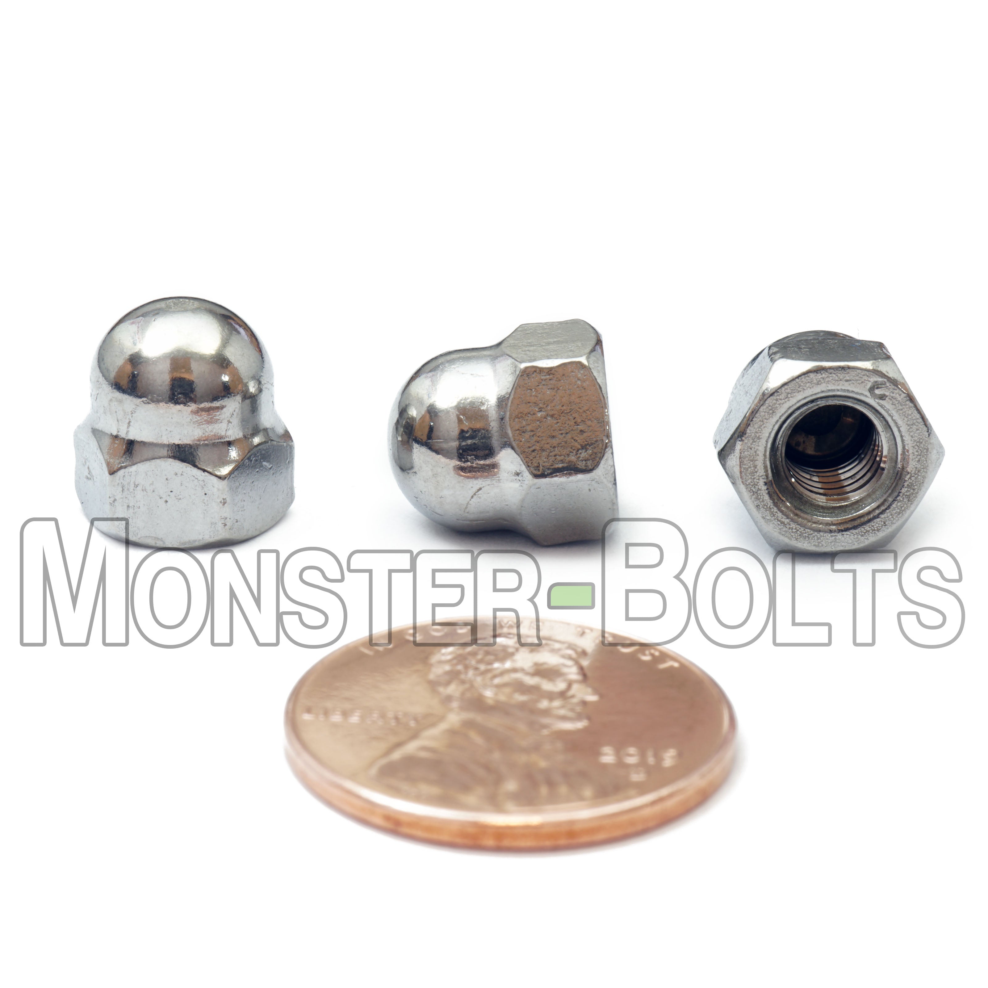 #12-24 Stainless steel acorn nut shown with US penny.