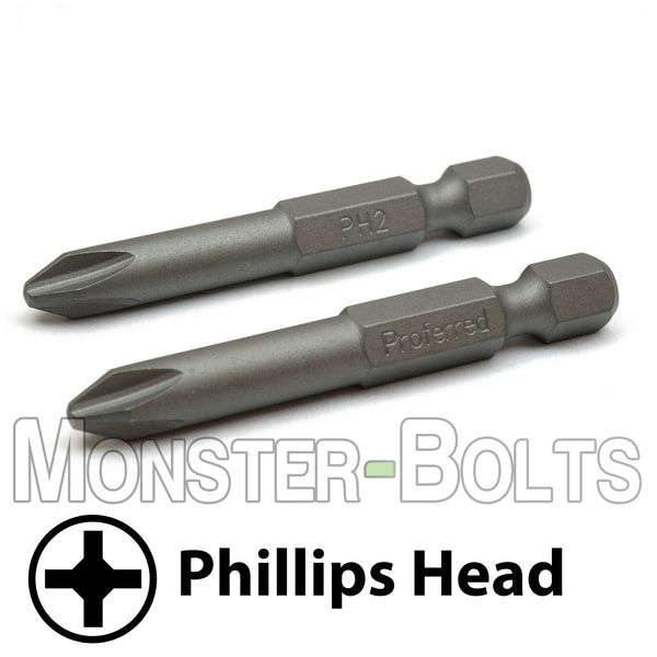2-Inch Phillips Drive Bits 1/4" Hex Shank Screwdriver / Drill Bits, S2 Steel - Monster Bolts