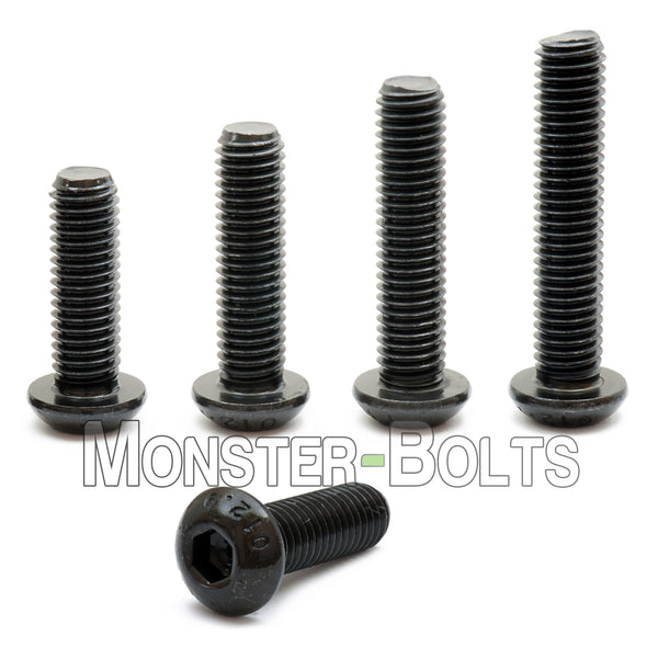 Black #4-40 Button Head Socket Cap screws in increasing lengths on white background.