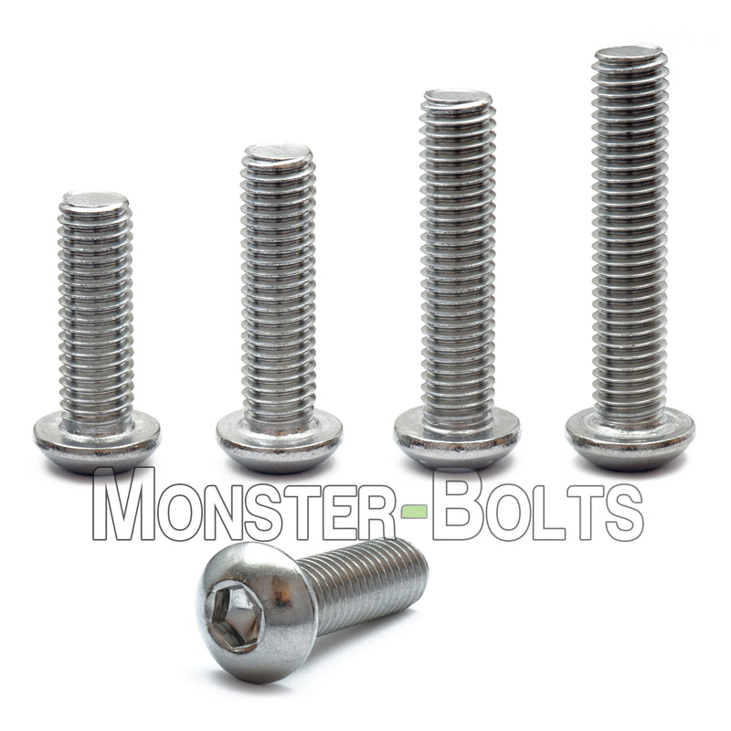 1/4-20 Stainless Steel Button Head Socket Cap screws in increasing lengths on white background.