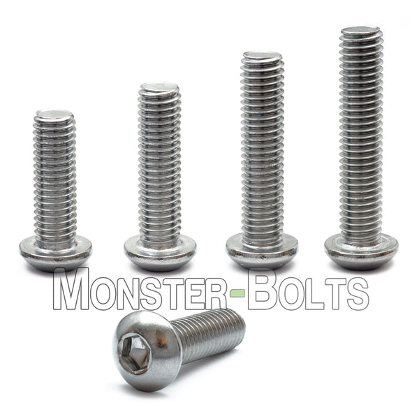 5/16-18 Stainless Steel Button Head Socket Cap screws in increasing lengths on white background.