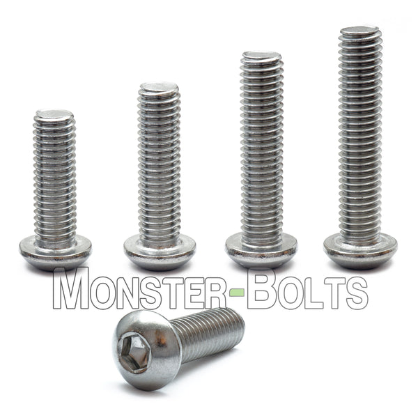 #2-56 Stainless Steel Button Head Socket Cap screws in increasing lengths on white background.