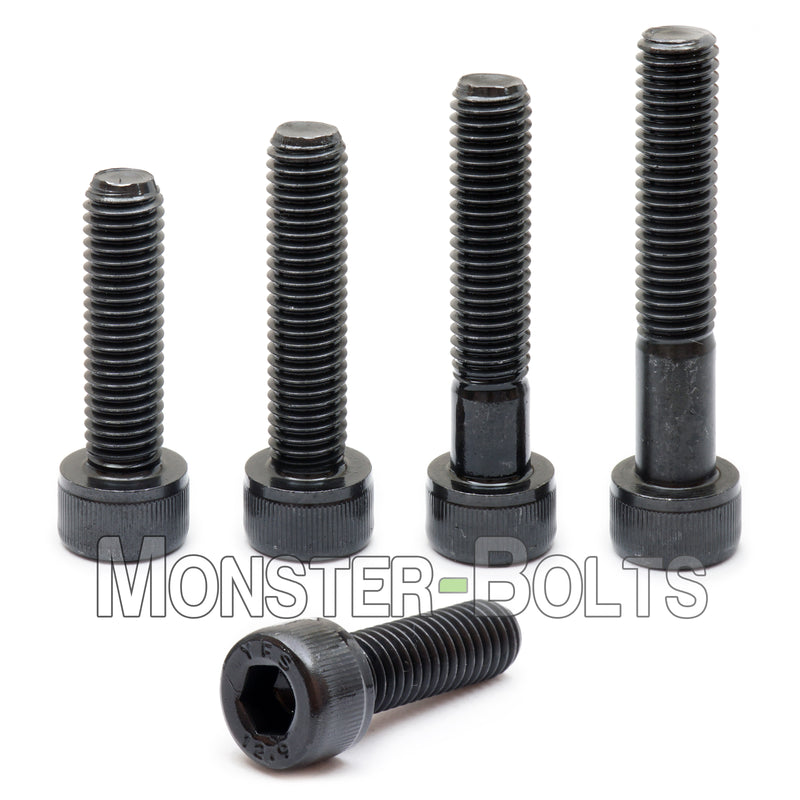 Black 3/8"-16 Socket Head Socket Cap screws in increasing lengths on white background.