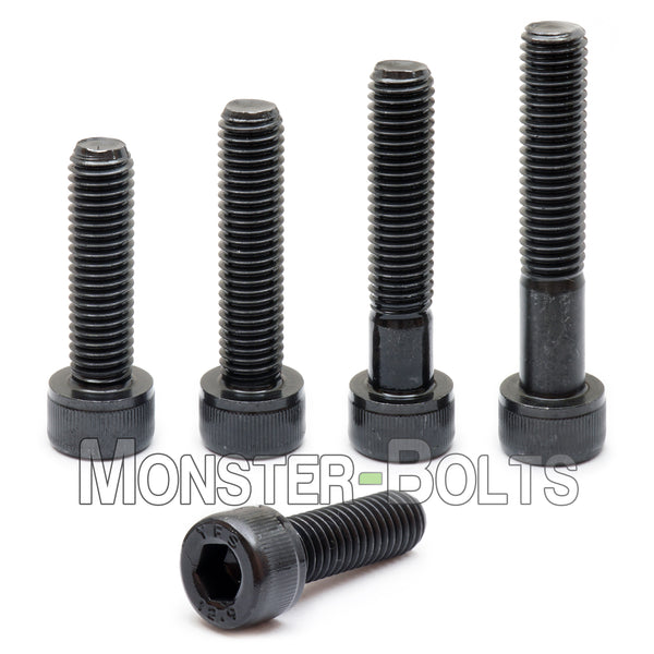 Black #1-72 Socket Head Socket Cap screws in increasing lengths on white background.