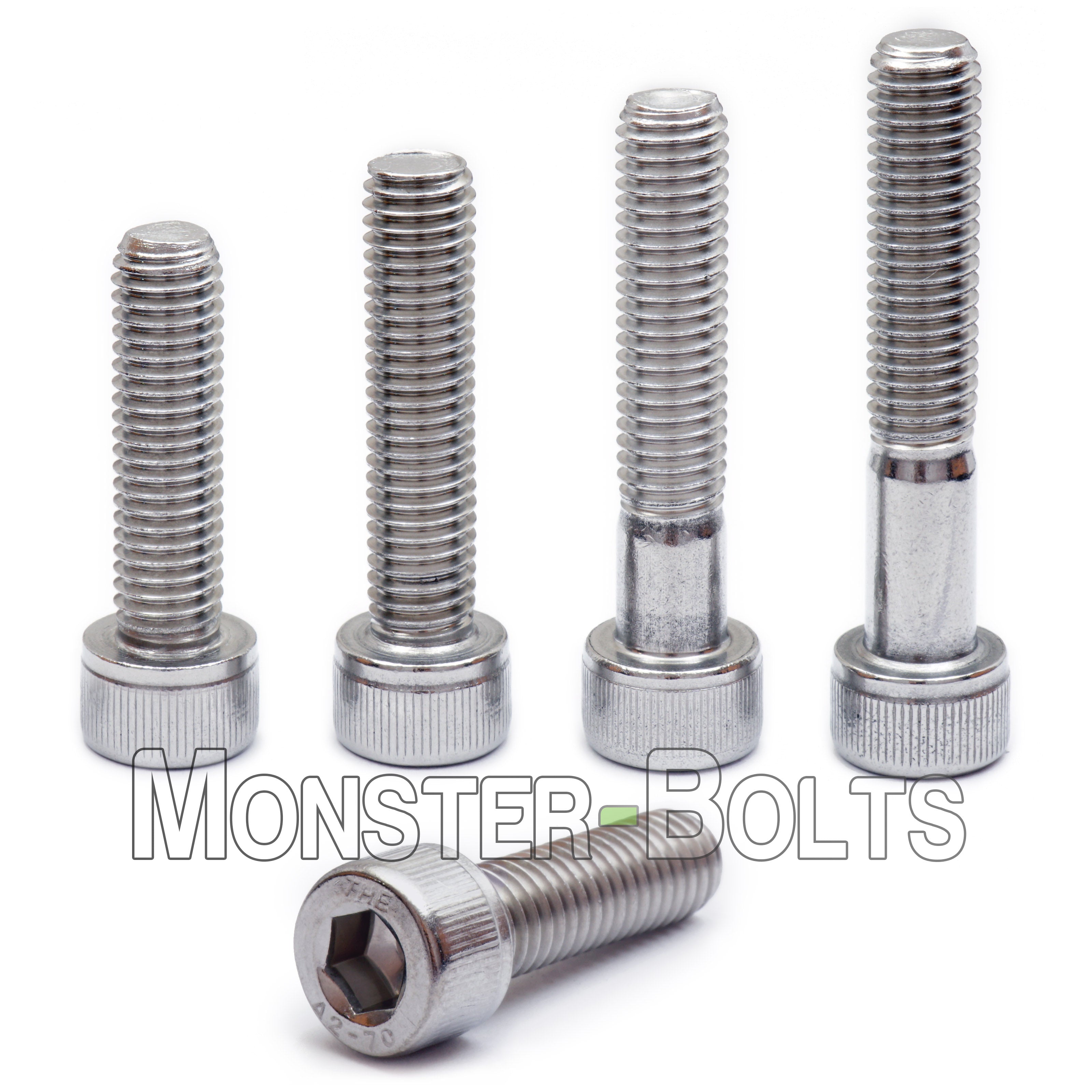 M4 Stainless Steel Socket Head Cap Screws arranged in ascending lengths with one showing the hex drive recess