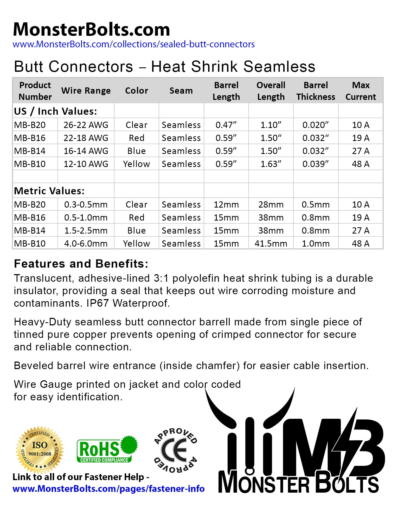 Monster Bolts MB Sealed Butt Connector Data Sheet