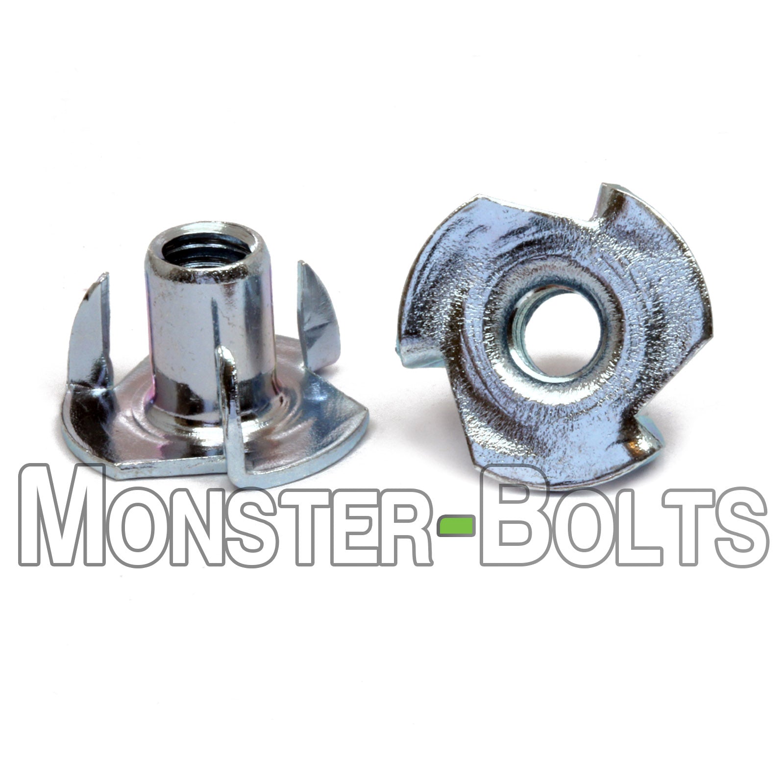 5/16-18 - 3 Prong Tee Nut Straight Barrel Zinc Plated T-Nut, 5/16" 3/8" or 5/8" - Monster Bolts