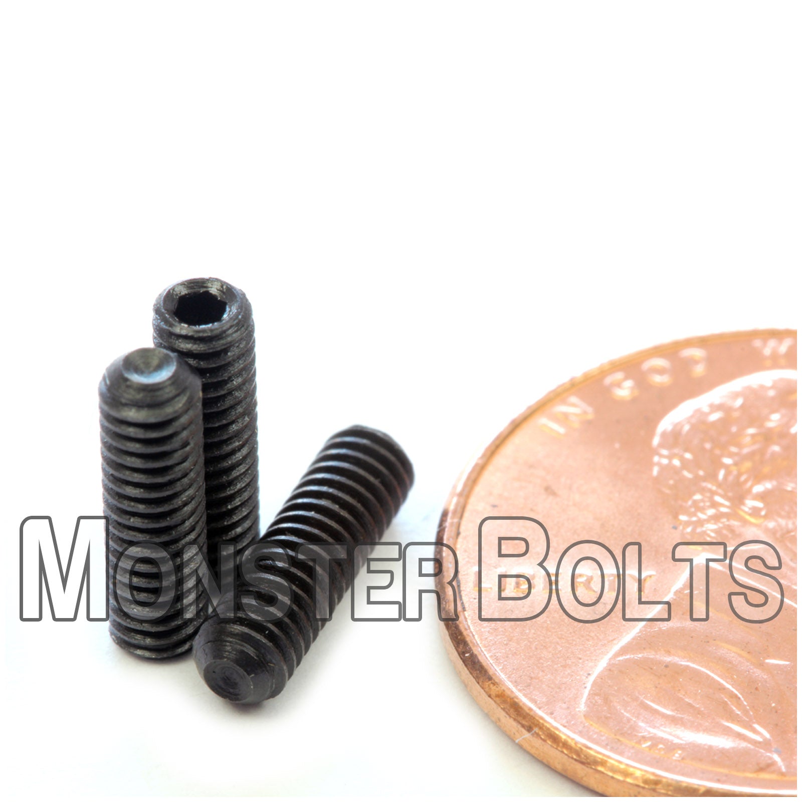 Black #4-48 x 3/8" Allen key set screws with cup point.