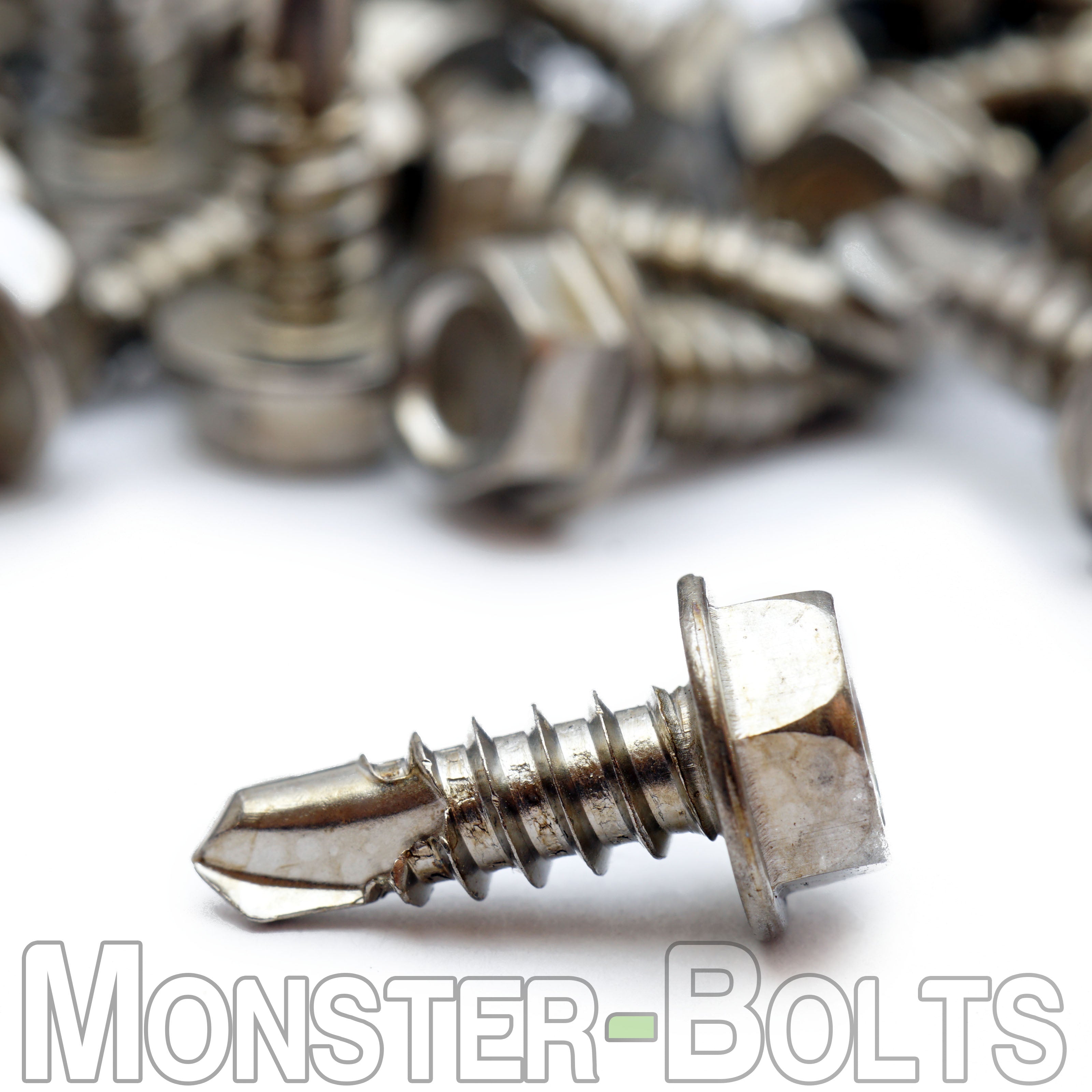 #8 Tek Screws - Hardened Stainless Steel Indent HWH Hex Washer Head Unsloted, #2 Point Self Drilling - Monster Bolts