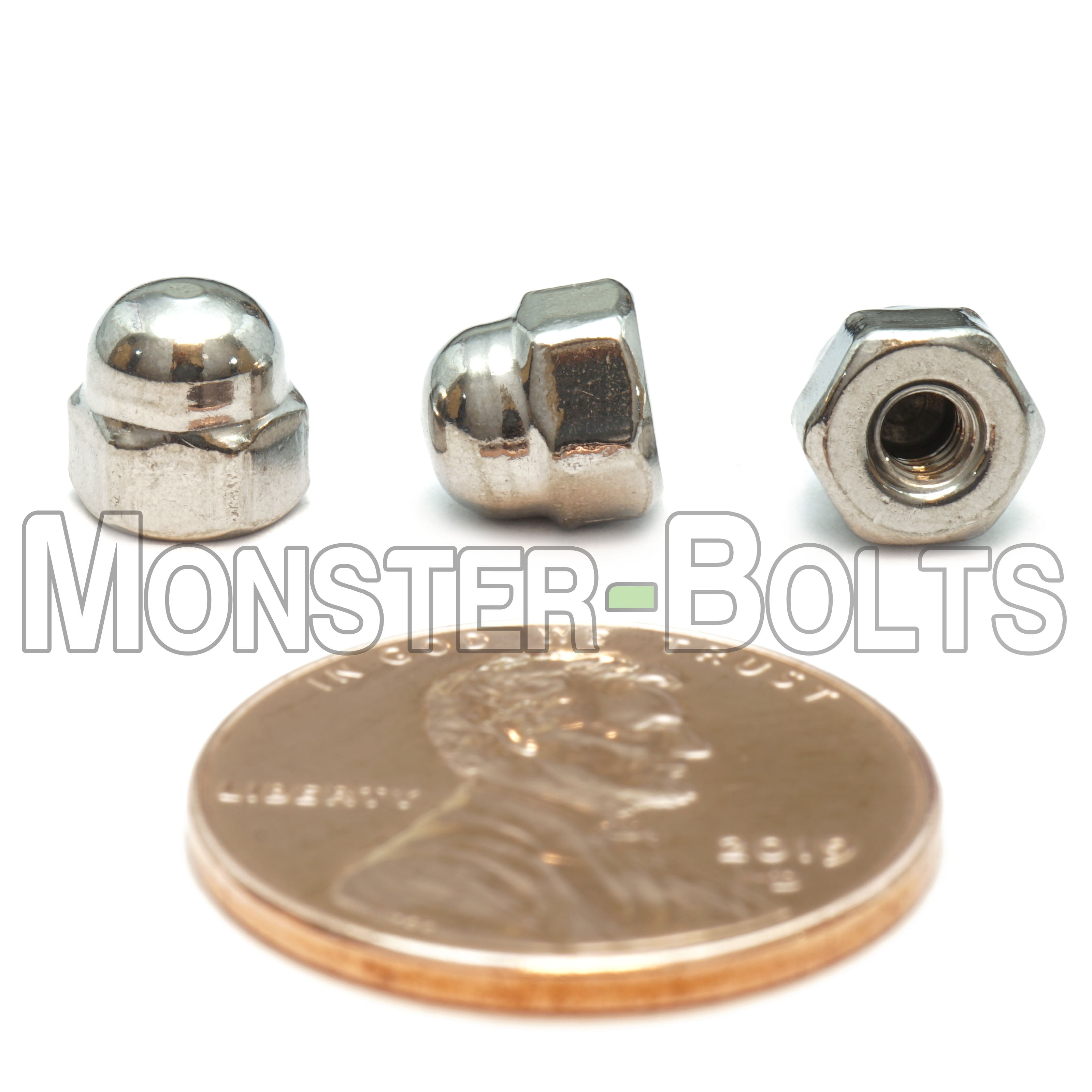 #4-40 Stainless steel hex domed acorn nut shown with US penny.