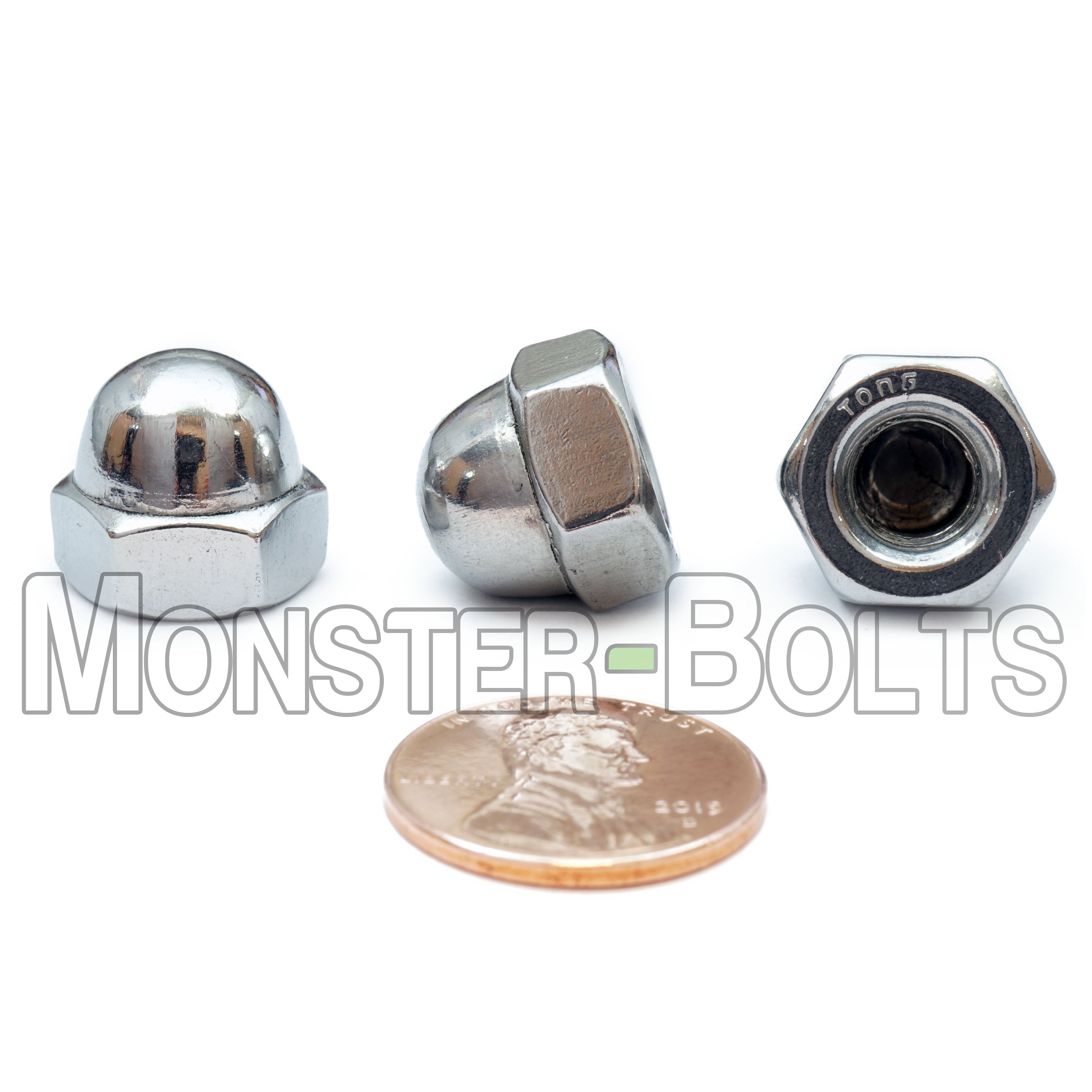 5/16"-18 Stainless steel acorn nut shown with US penny on white background.