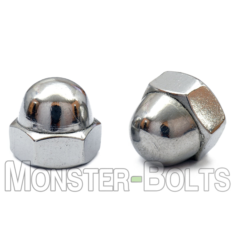Stainless steel domed acorn cap nuts on white background.