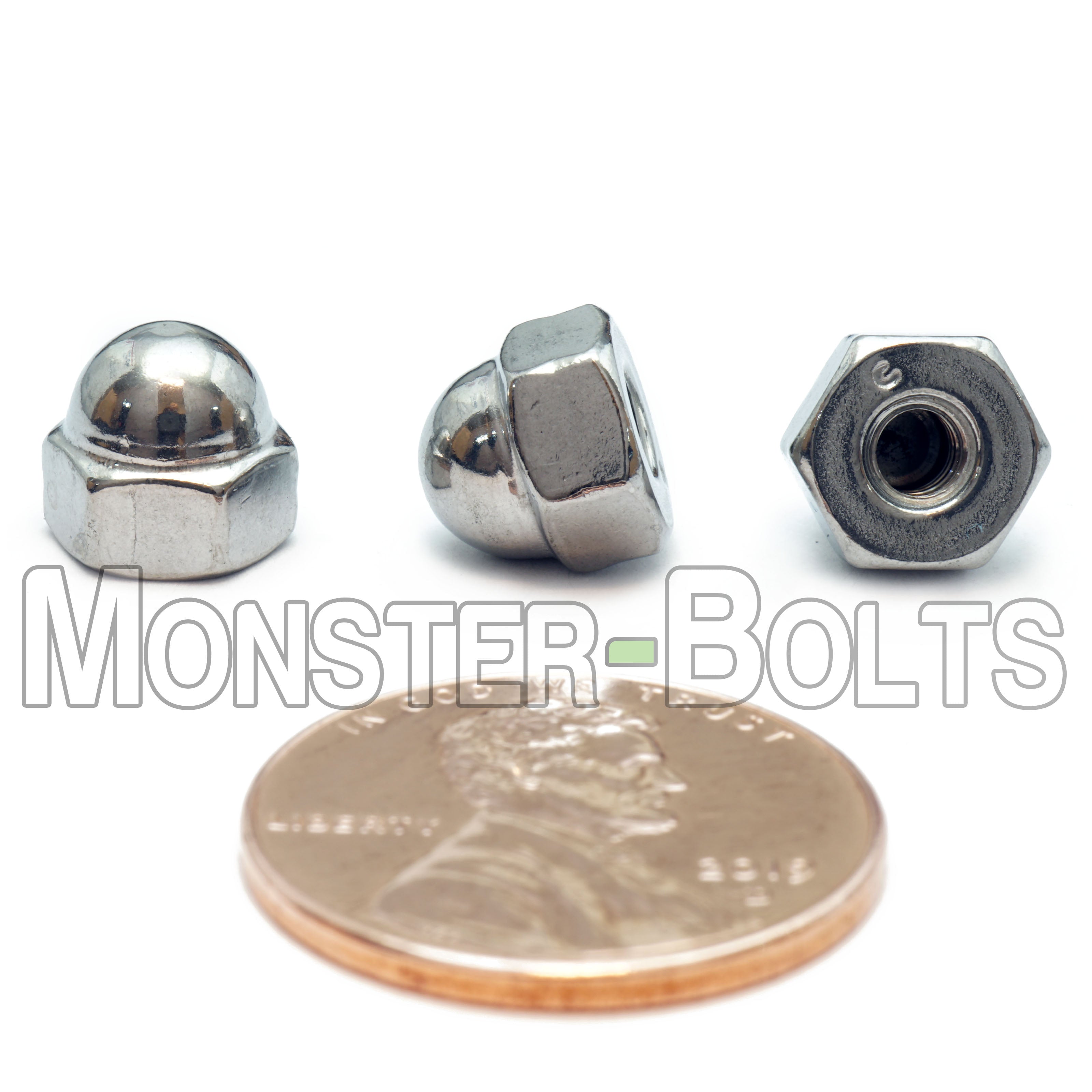 #6-32 Stainless steel acorn nut shown with US penny for size.