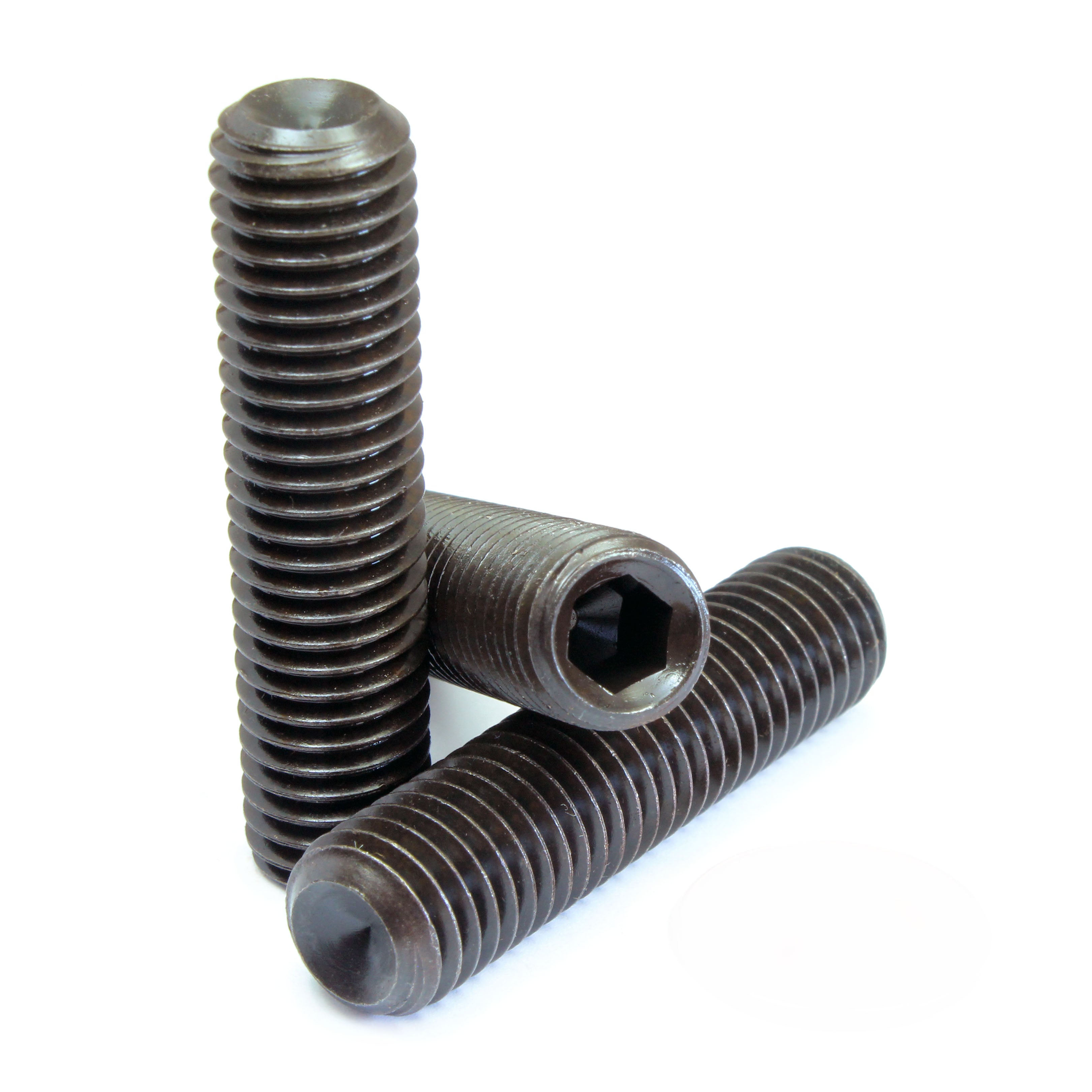 Black #10-24 Cup point socket set screws. 