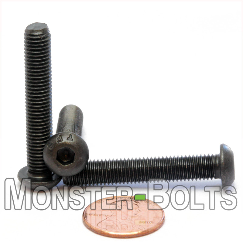 1/4-28 x 1-1/2" Socket Button Head screw, alloy steel with black oxide finish with US penny for size.
