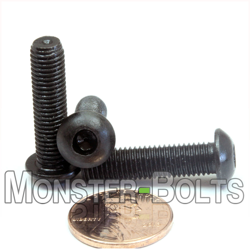 Black 1/4-28 x 1 in. button head socket cap screws, with US penny to show size.