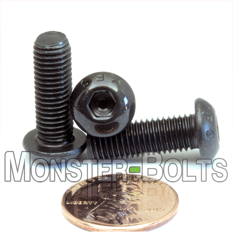 Black 1/4-28 x 3/4" button head socket cap screws, with US penny for size.