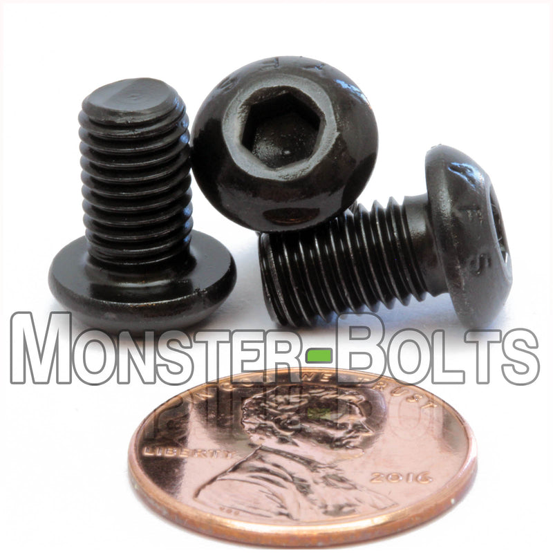 Black 1/4-28 x 7/16" socket button head screws, with US penny for size.