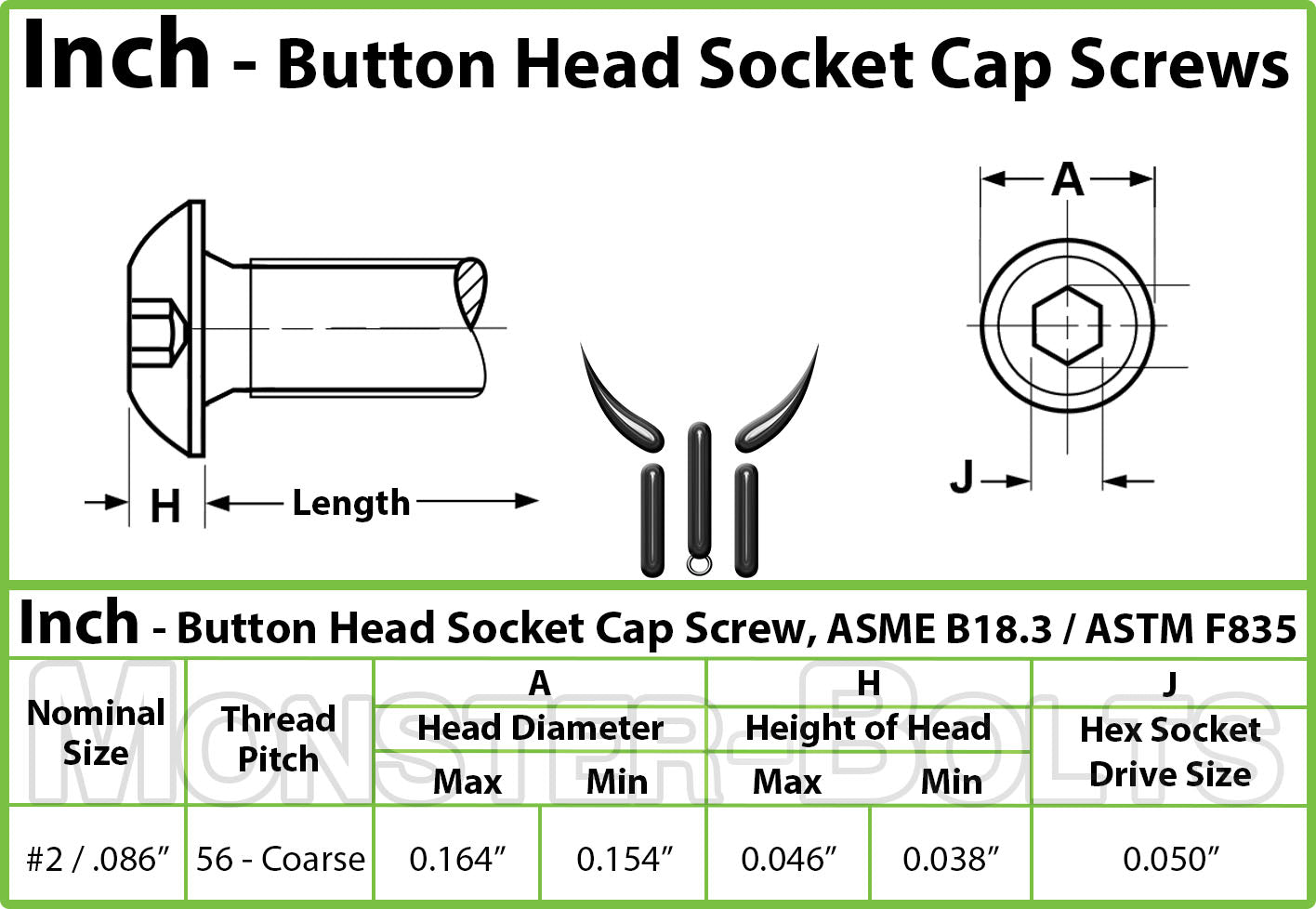 #2-56 Button Head Socket Caps spec sheet showing screw head dimensions and hex key drive size.