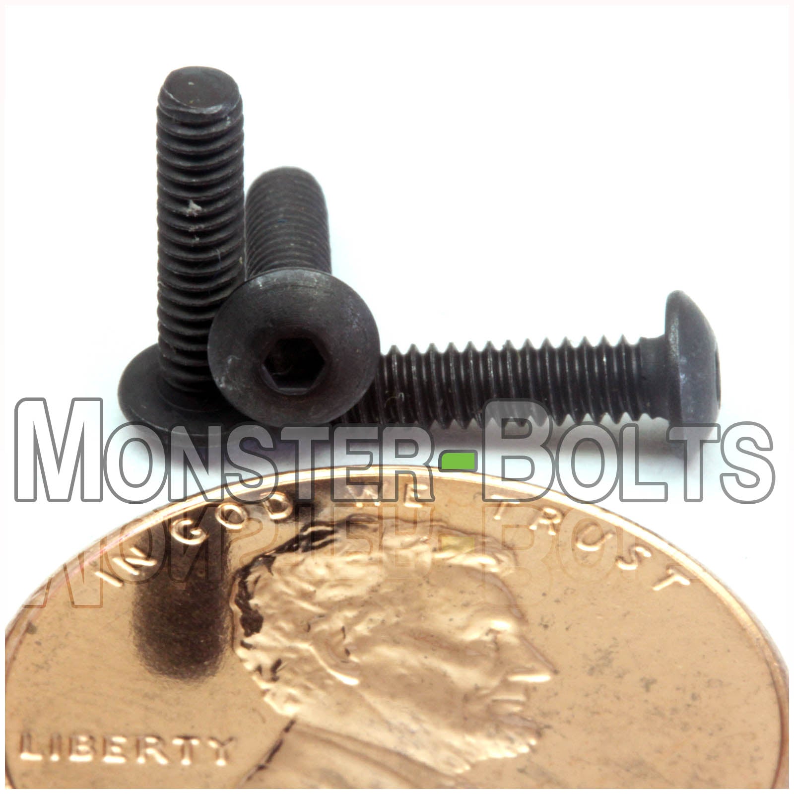 Black #2-56 x 3/8" button head socket cap screws, with US penny for size.