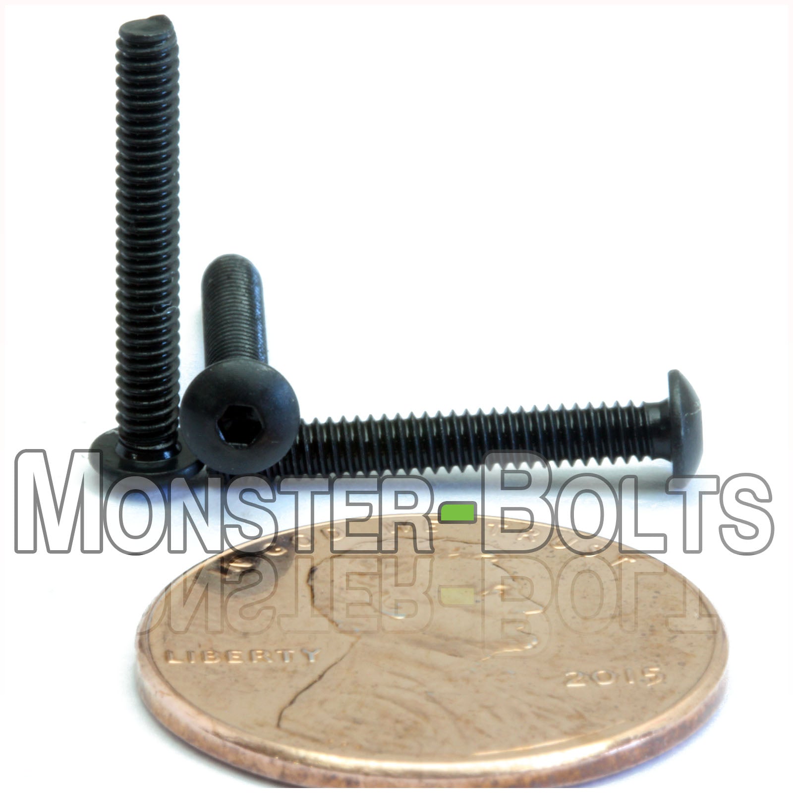 Black #2-56 x 5/8 in. button head socket cap screws, with US penny to show size.