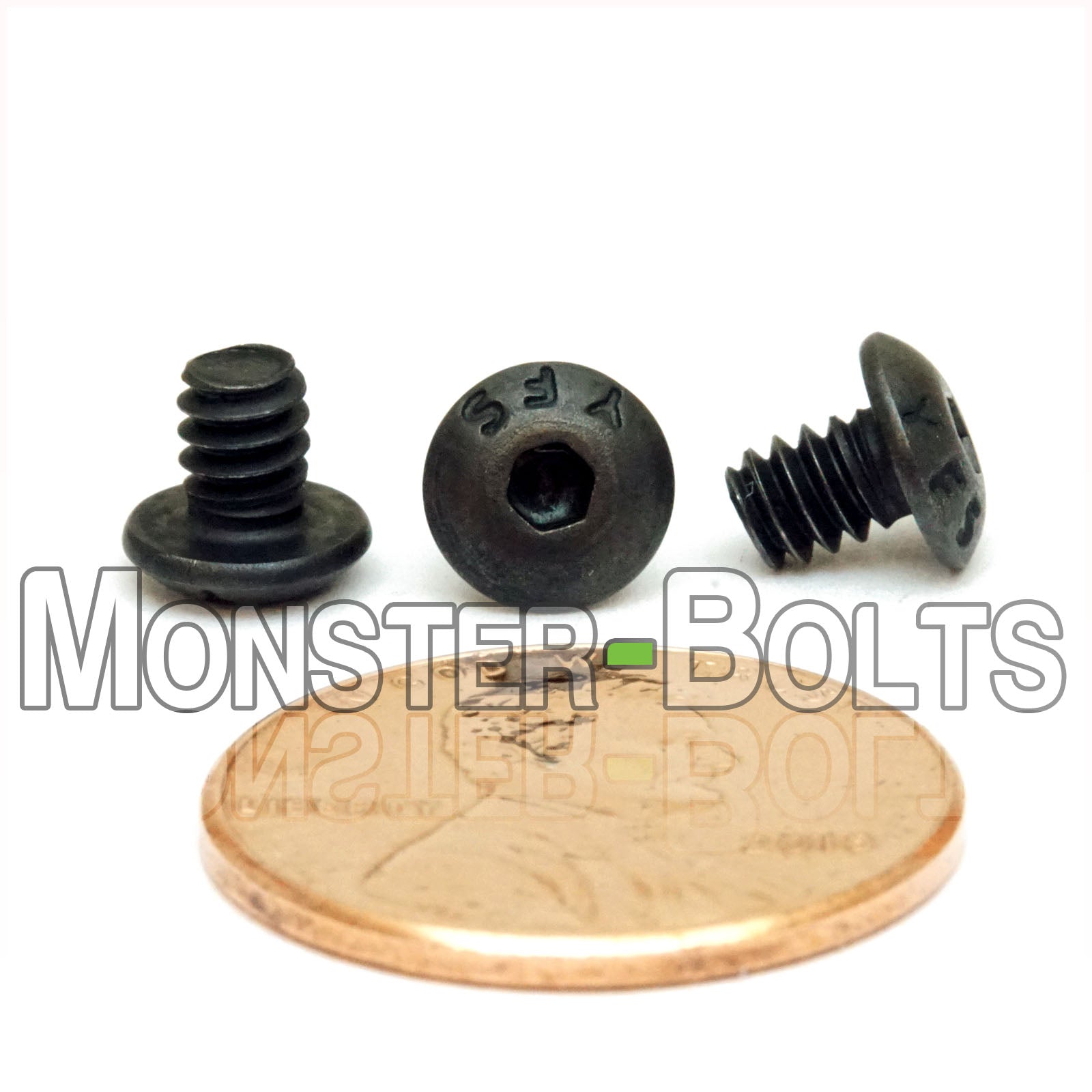 #6-32 x 3/16" socket button head screws with black oxide finish. Shown with US penny for size.