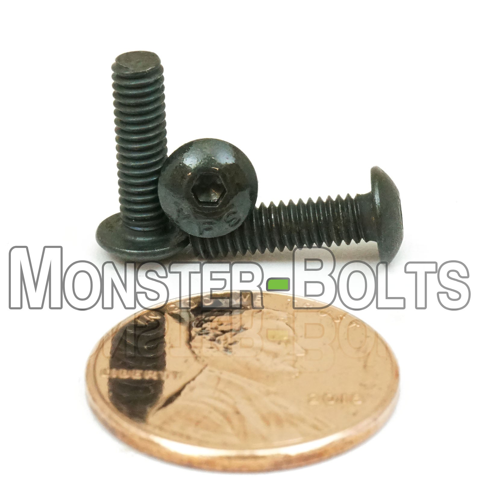 Black #6-40 x 1/2" button head socket cap screws, with US penny for size.